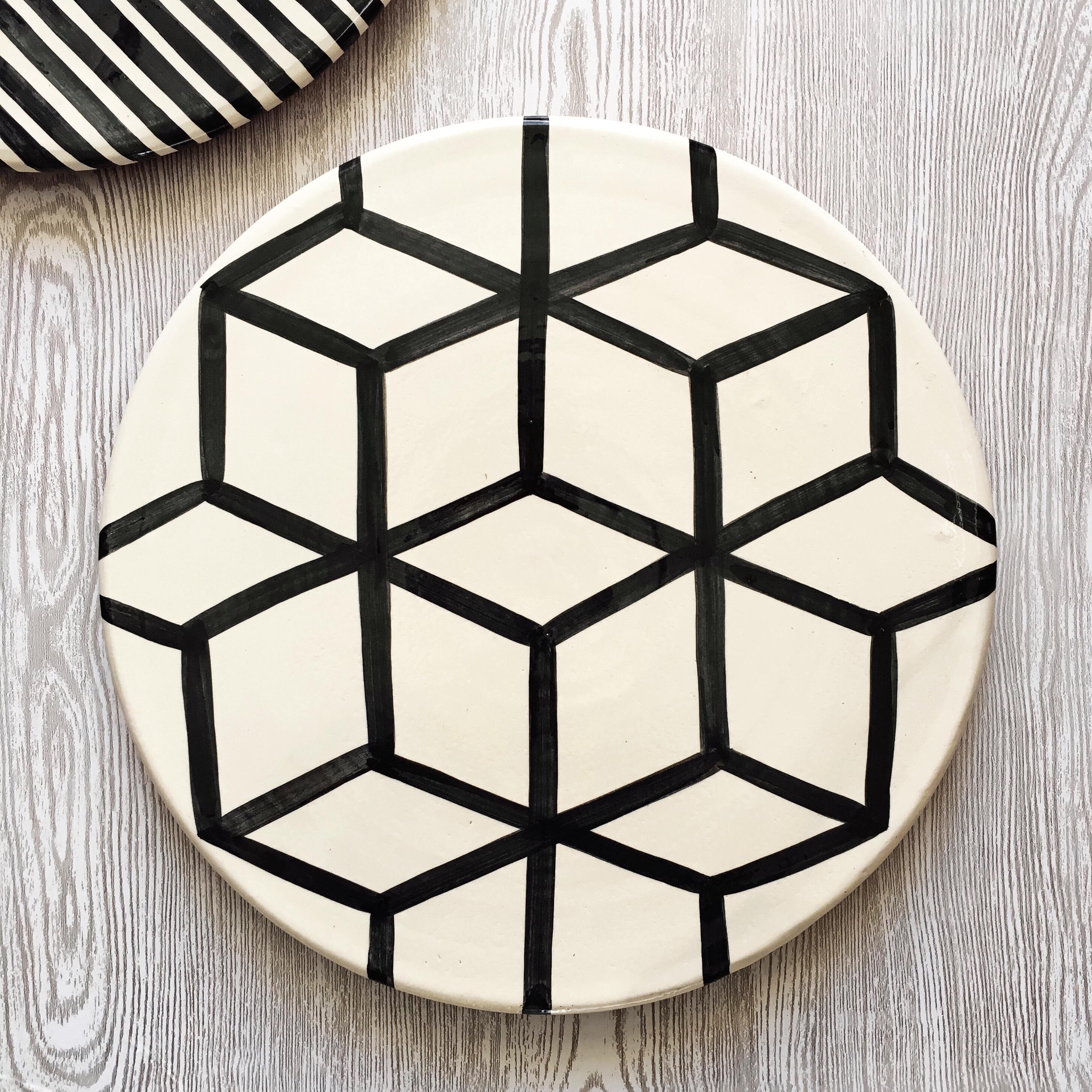 Portuguese Handmade Ceramic Black and White Cube Pattern Serving Platter, in Stock For Sale