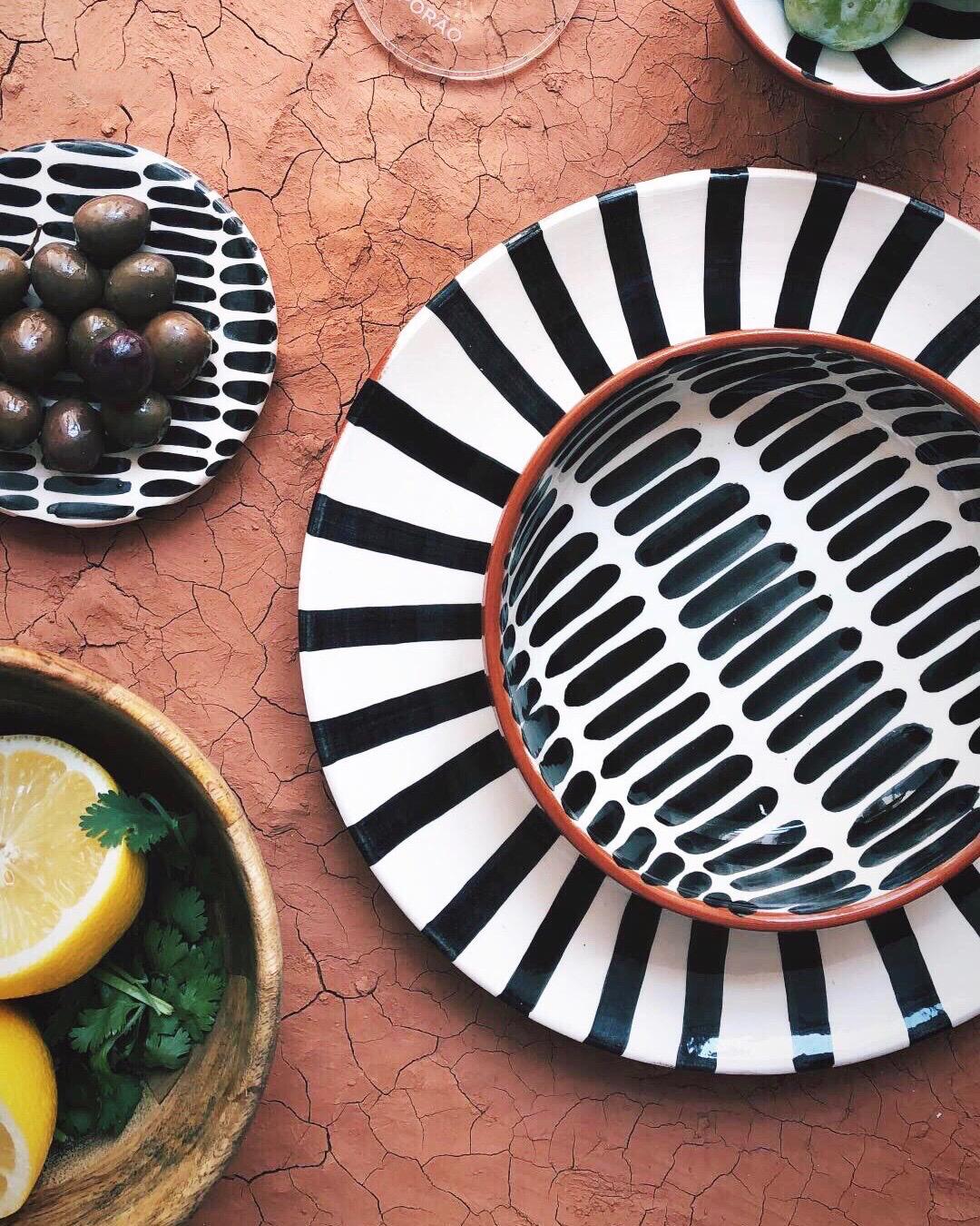 Portuguese Handmade Ceramic Black and White Dash Pattern Mini Bowl, in Stock For Sale