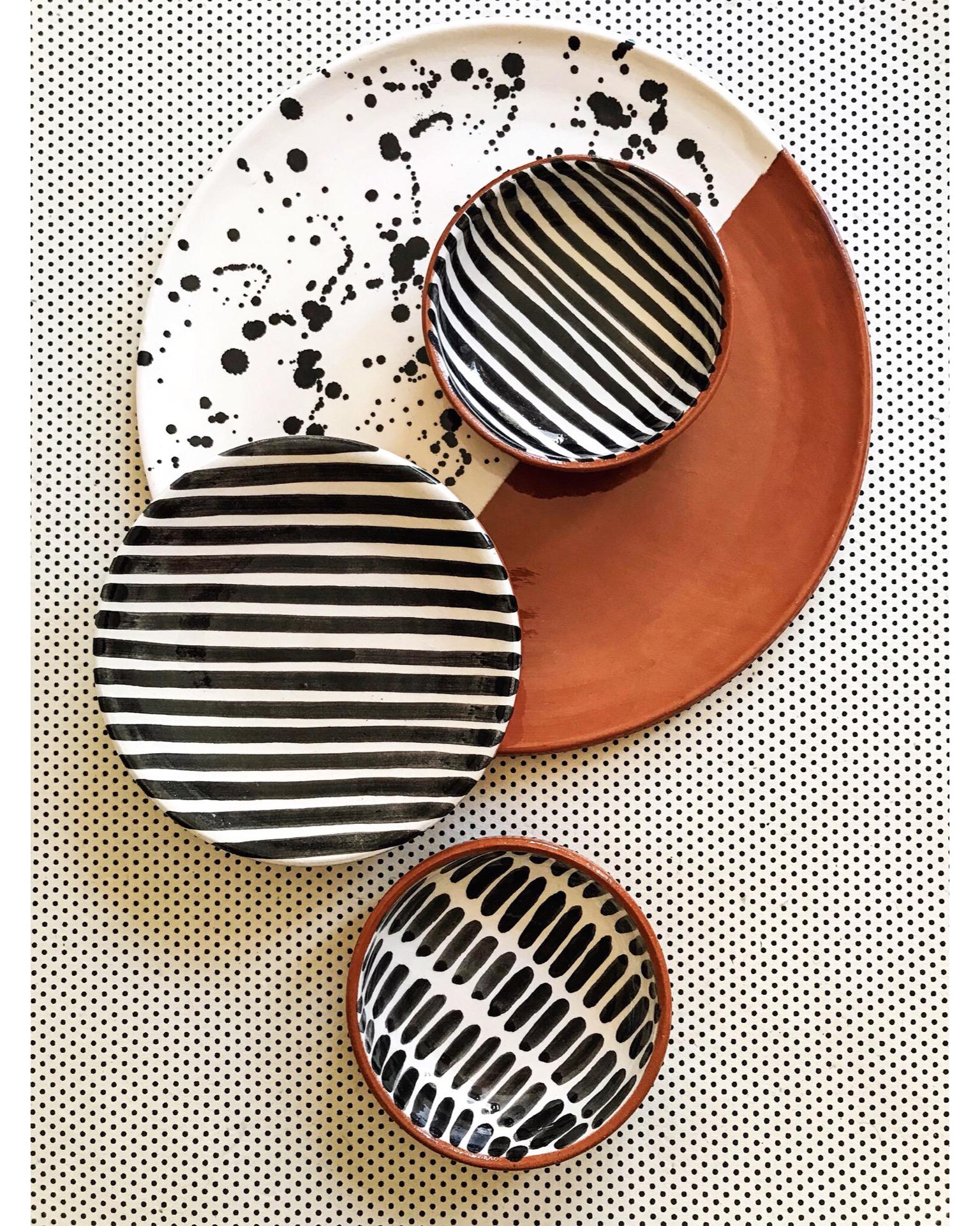 Hand-Crafted Handmade Ceramic Black and White Dash Pattern Mini Bowl, in Stock For Sale