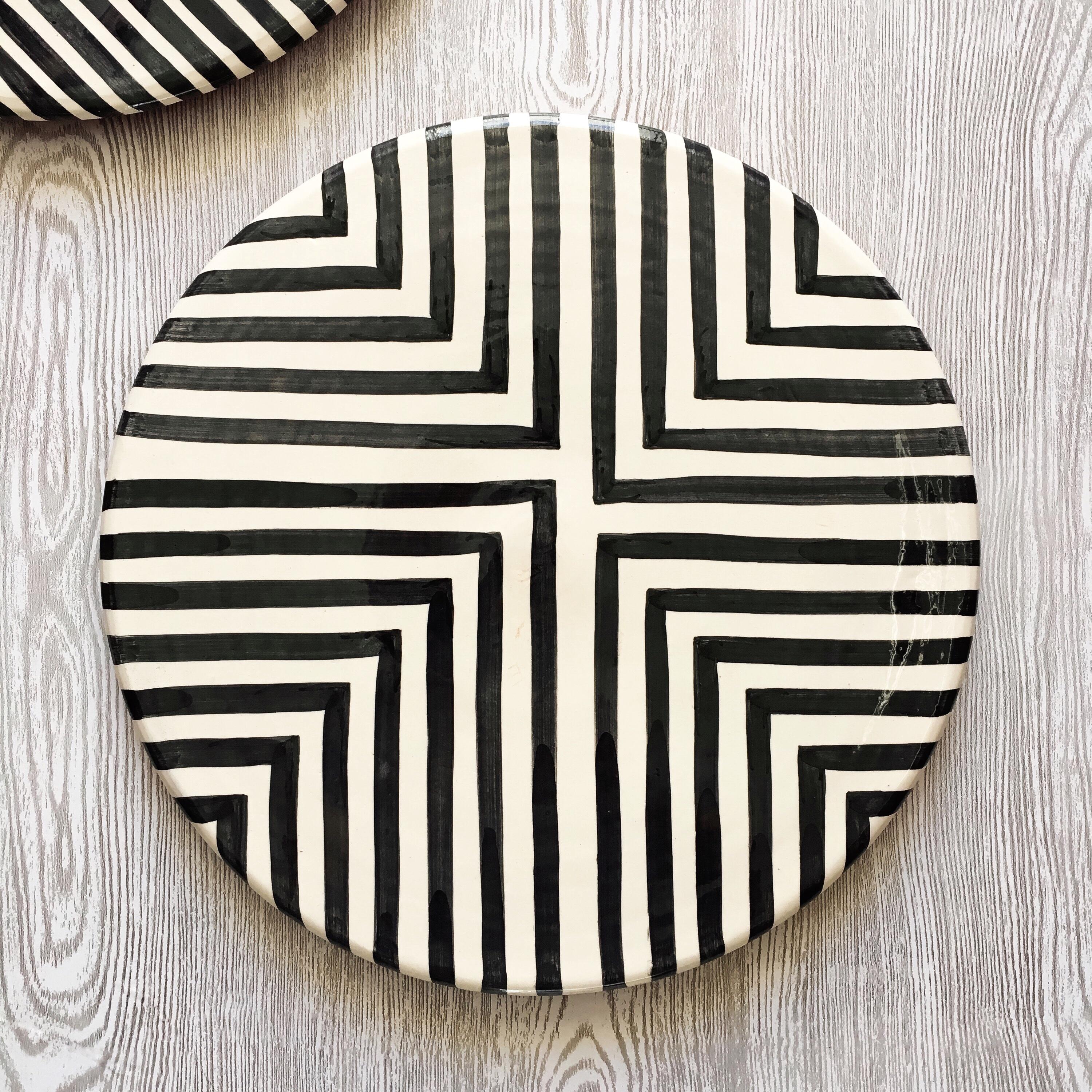 Portuguese Handmade Ceramic Black & White Offset Cross Pattern Serving Platter, in Stock