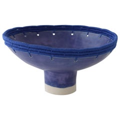 Handmade Ceramic Bowl with Blue Glaze, Woven Edge Detail