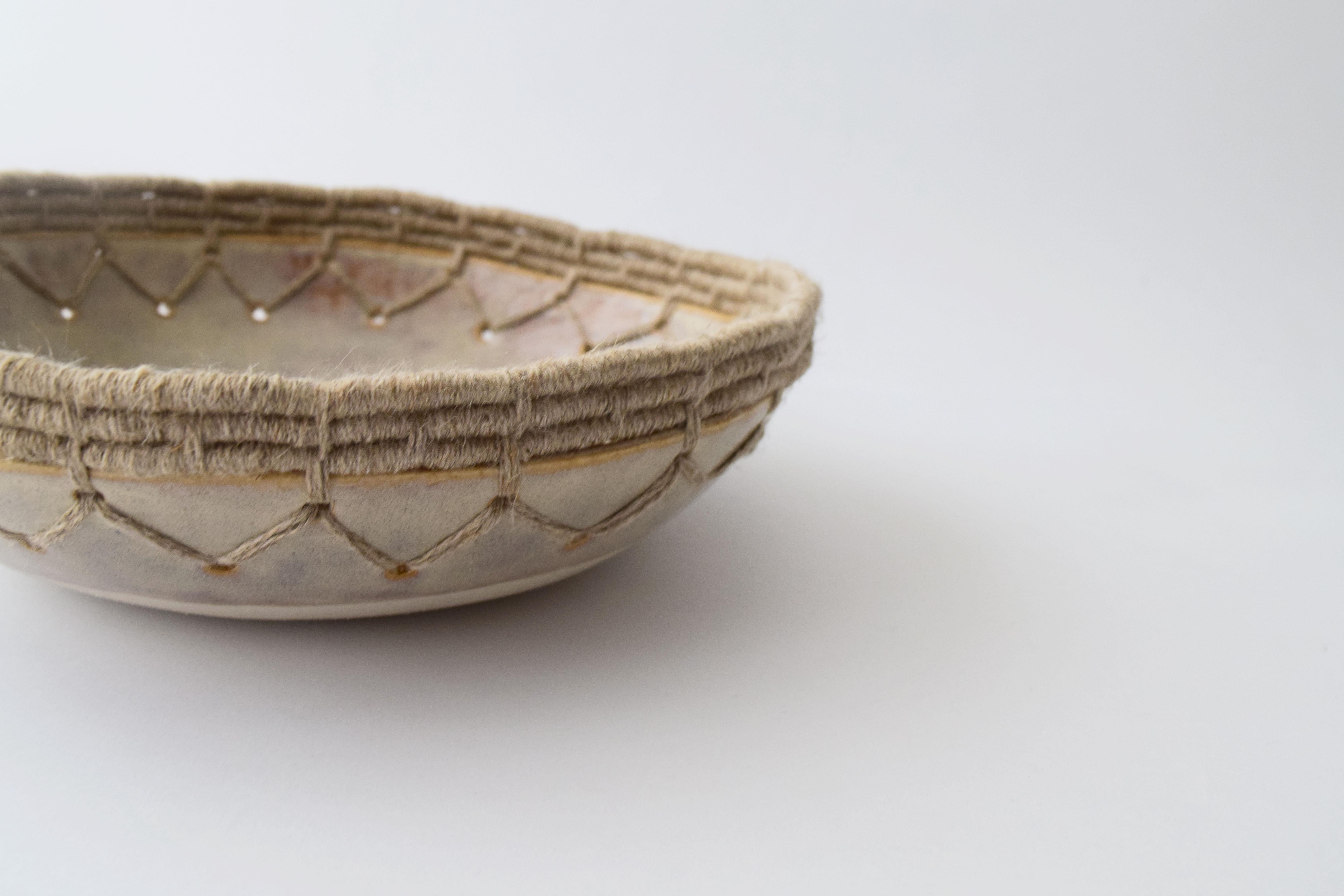 American Handmade Ceramic Bowl with Gray Glaze, Woven Edge Detail