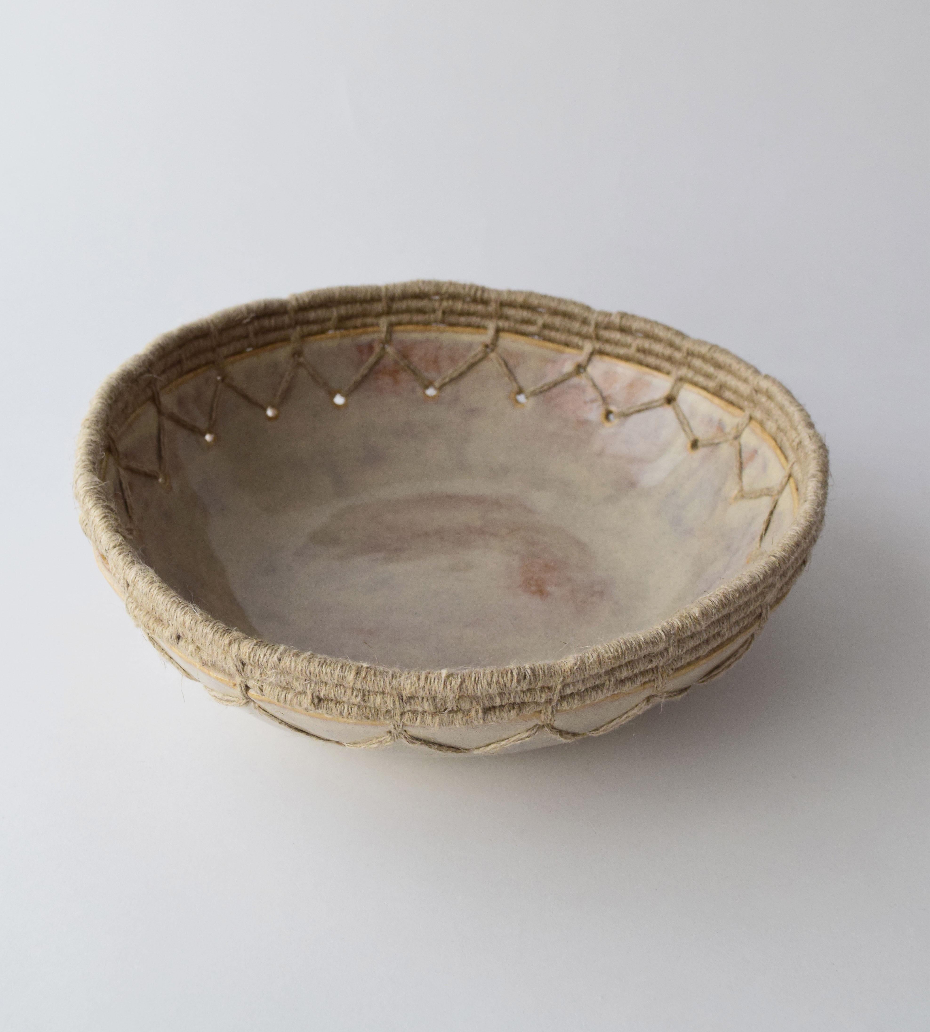 American Decorative Bowl #642 in Gray with Woven Natural Linen Edge Detail