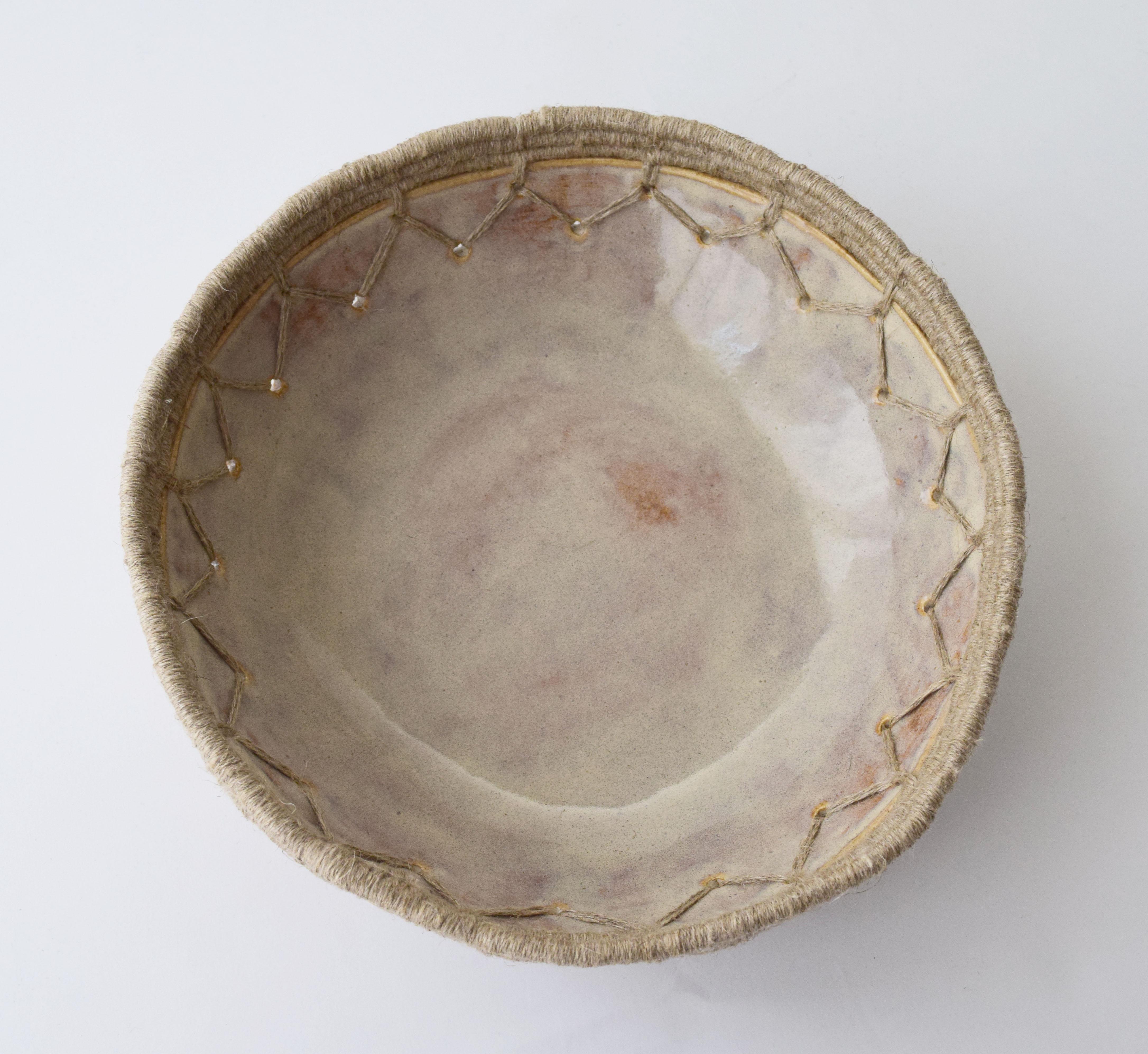 Hand-Crafted Decorative Bowl #642 in Gray with Woven Natural Linen Edge Detail
