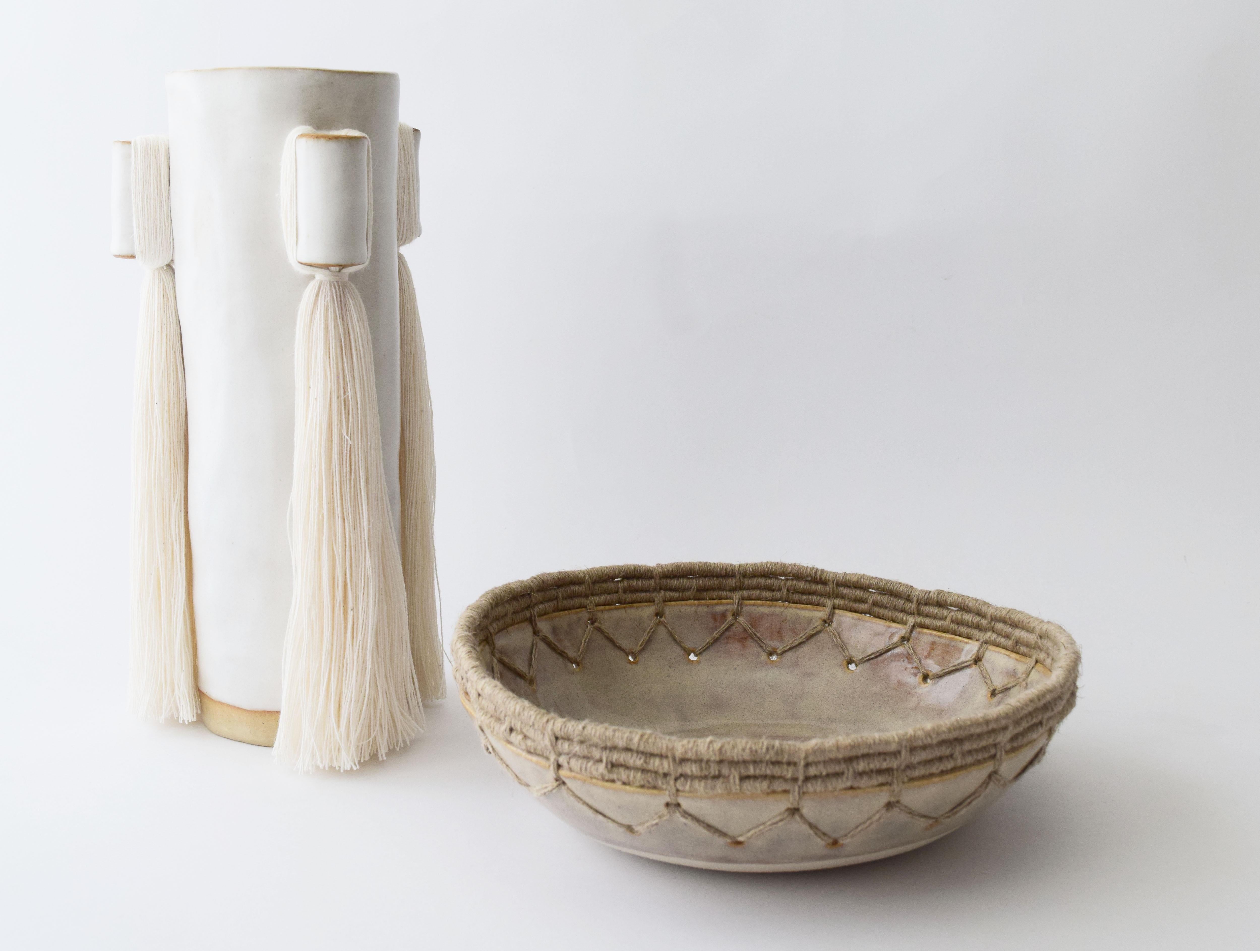 Handmade Ceramic Bowl with Gray Glaze, Woven Edge Detail 1