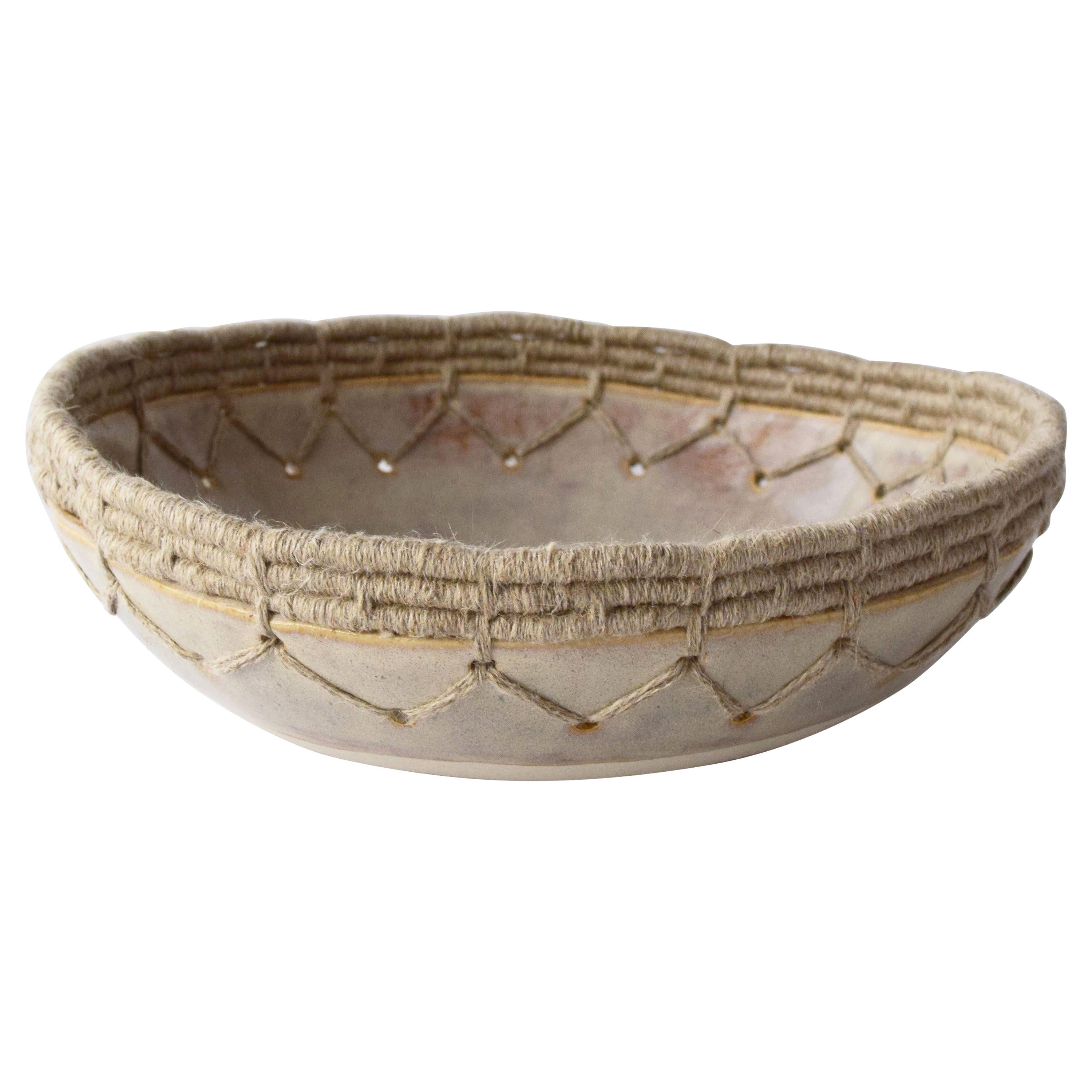 Decorative Bowl #642 in Gray with Woven Natural Linen Edge Detail