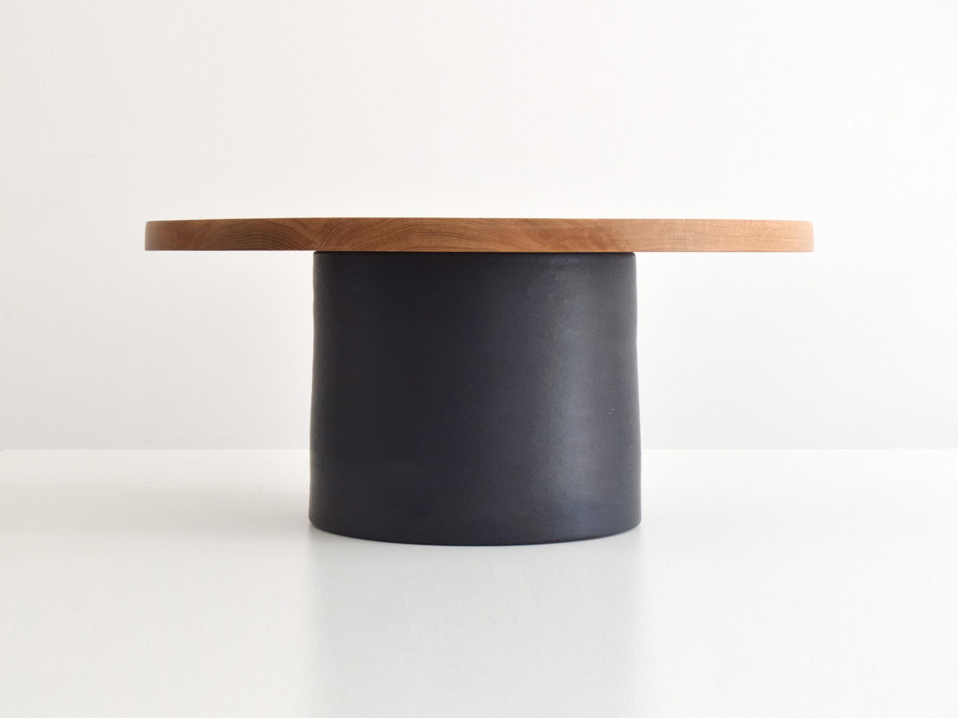 Portuguese Handmade Black Ceramic Coffee Table with Oak Top For Sale