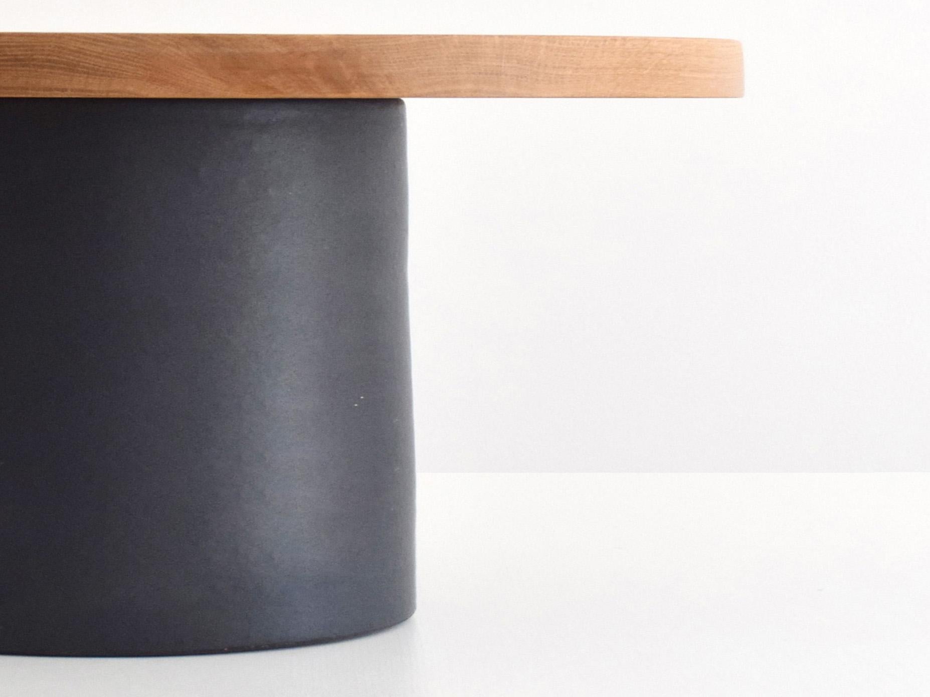 Glazed Handmade Black Ceramic Coffee Table with Oak Top For Sale
