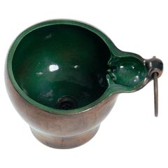 Handmade ceramic handbasin of cloakroom basin, Green copper, bronze ring 1970s