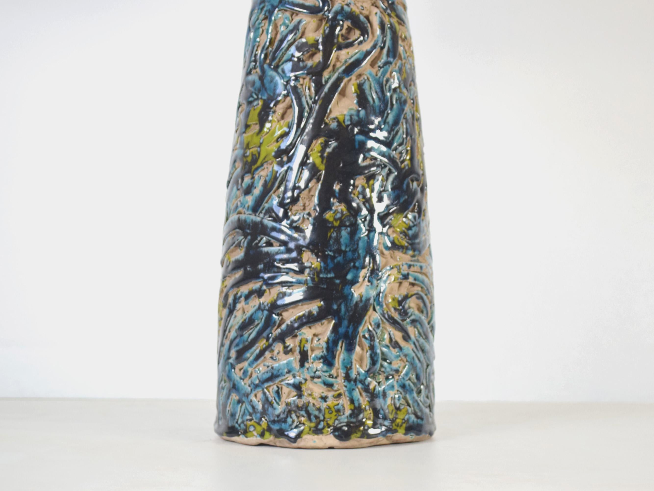 Portuguese Handmade Ceramic Lamp Blue Glaze With Linen Lampshade - One of a Kind For Sale