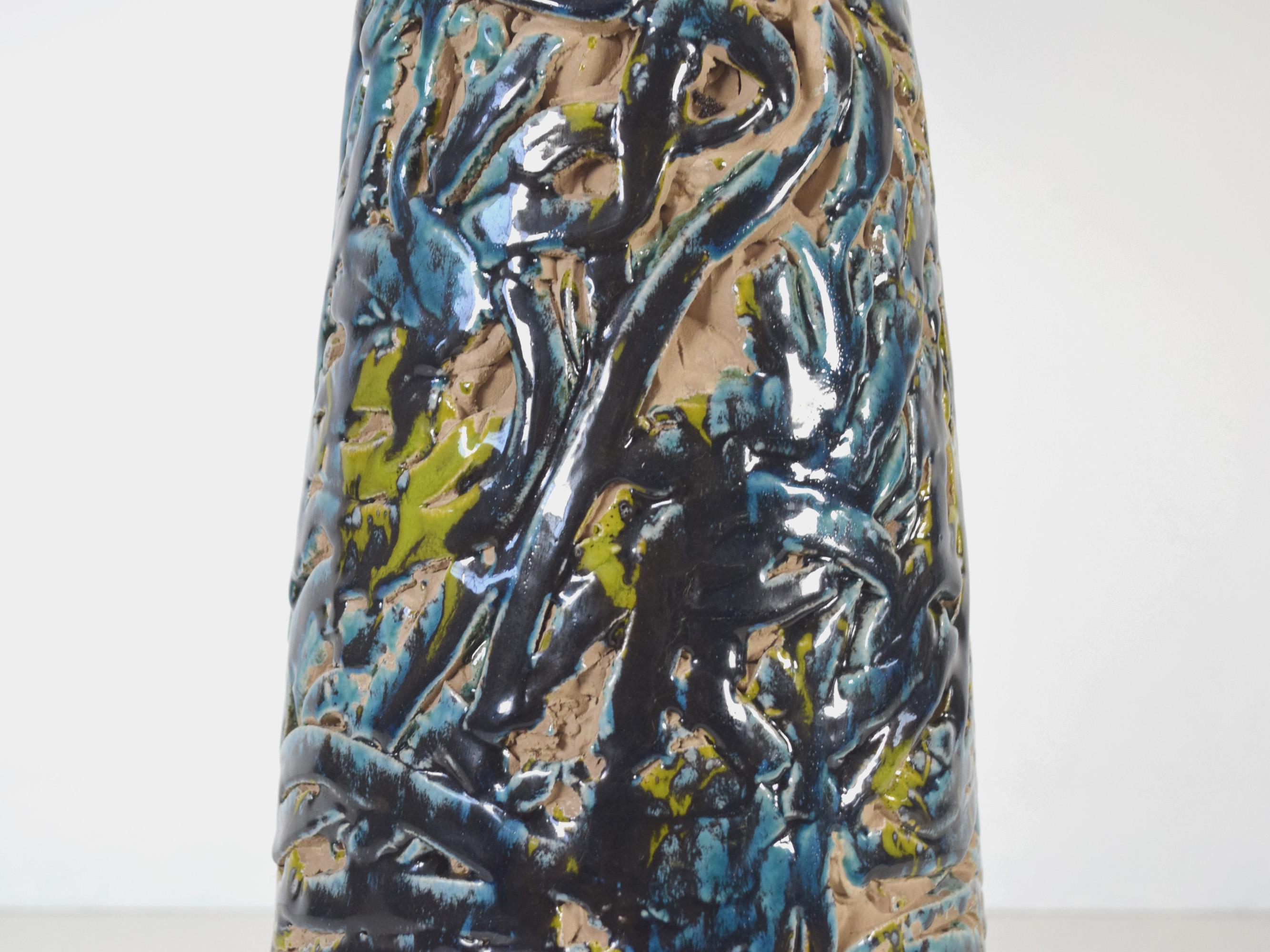 Glazed Handmade Ceramic Lamp Blue Glaze With Linen Lampshade - One of a Kind For Sale