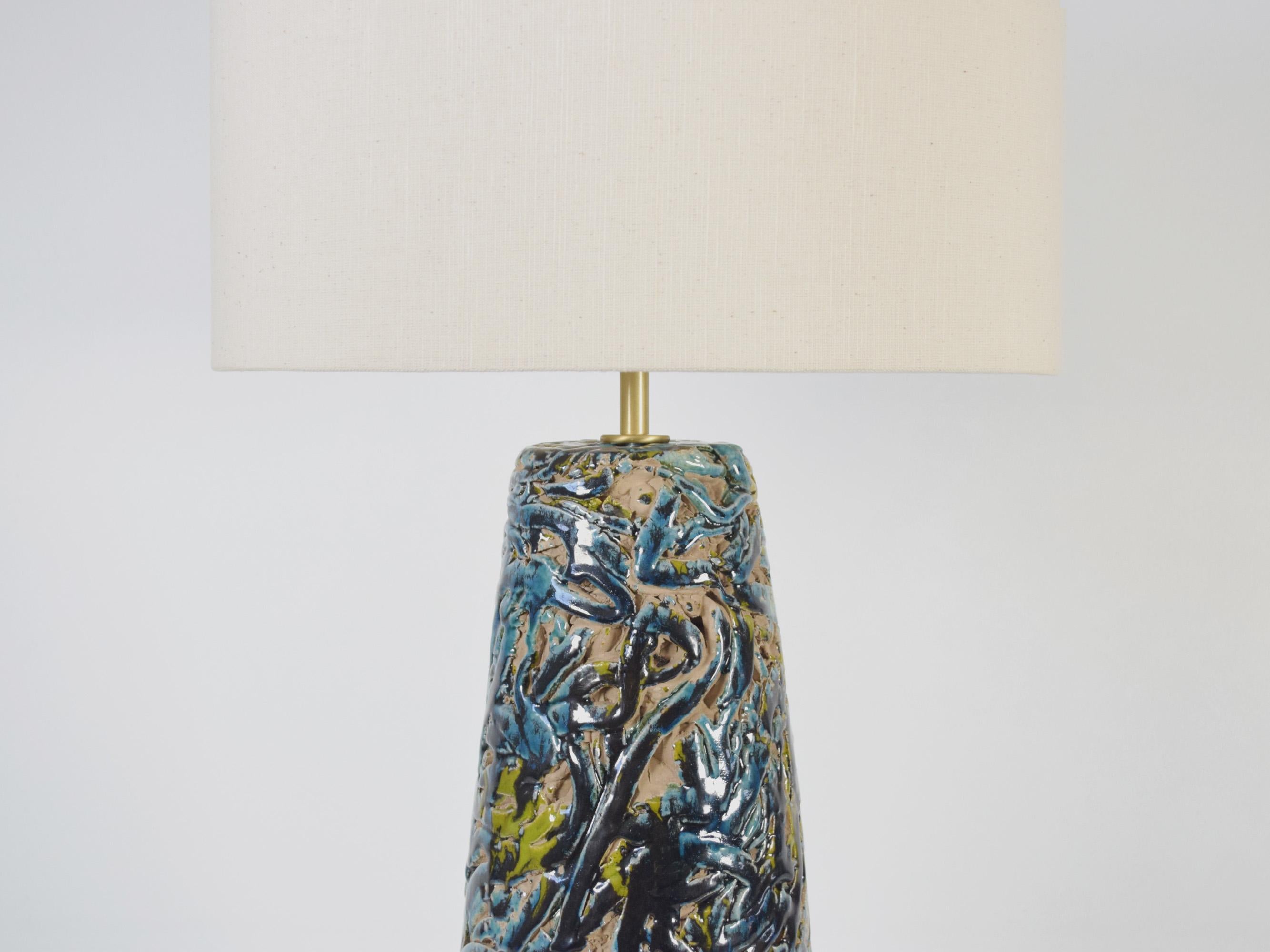 Handmade Ceramic Lamp Blue Glaze With Linen Lampshade - One of a Kind In New Condition For Sale In Braga, PT