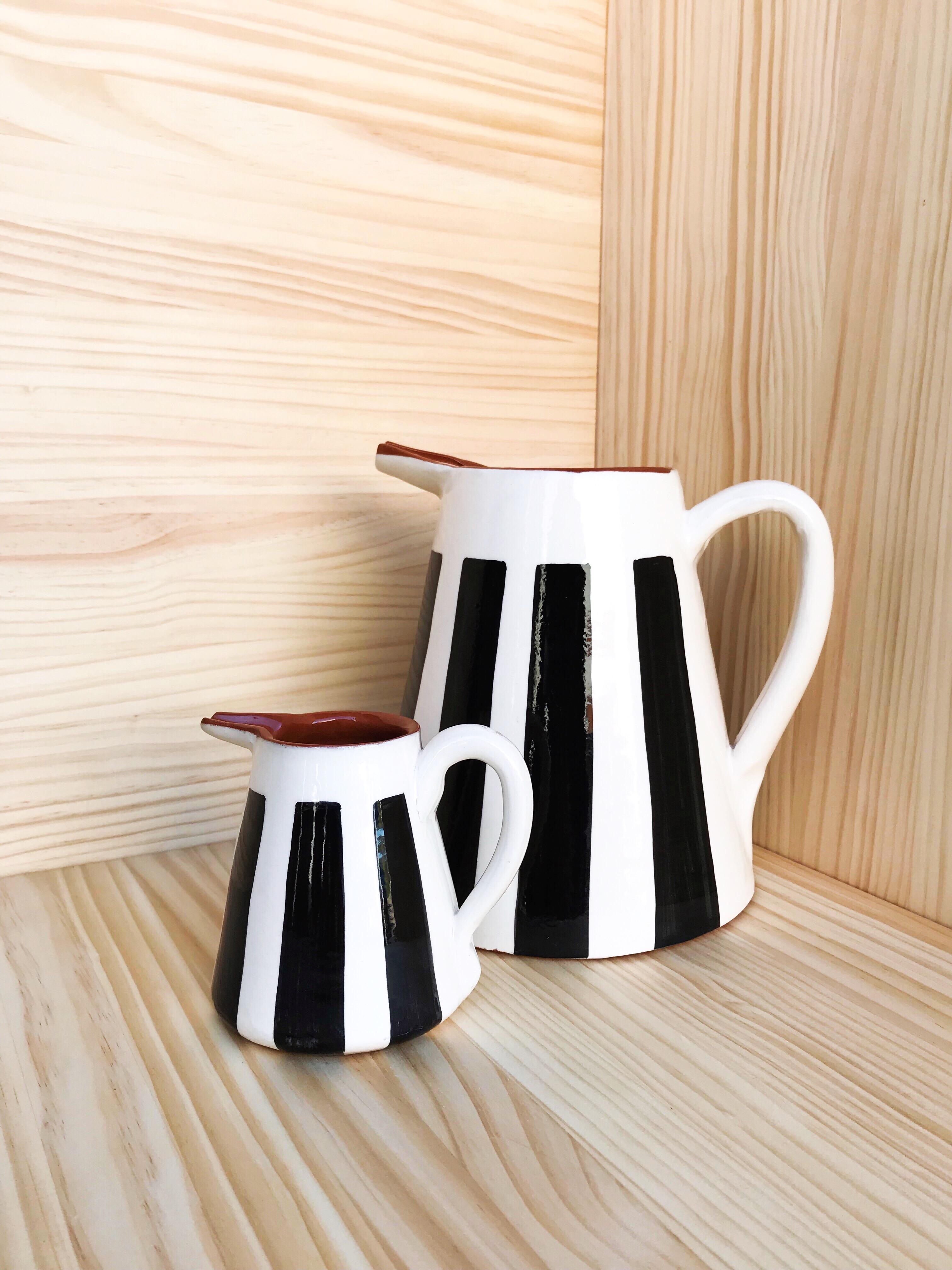 Portuguese Handmade Ceramic Large Pitcher with Graphic Black and White Design, in Stock