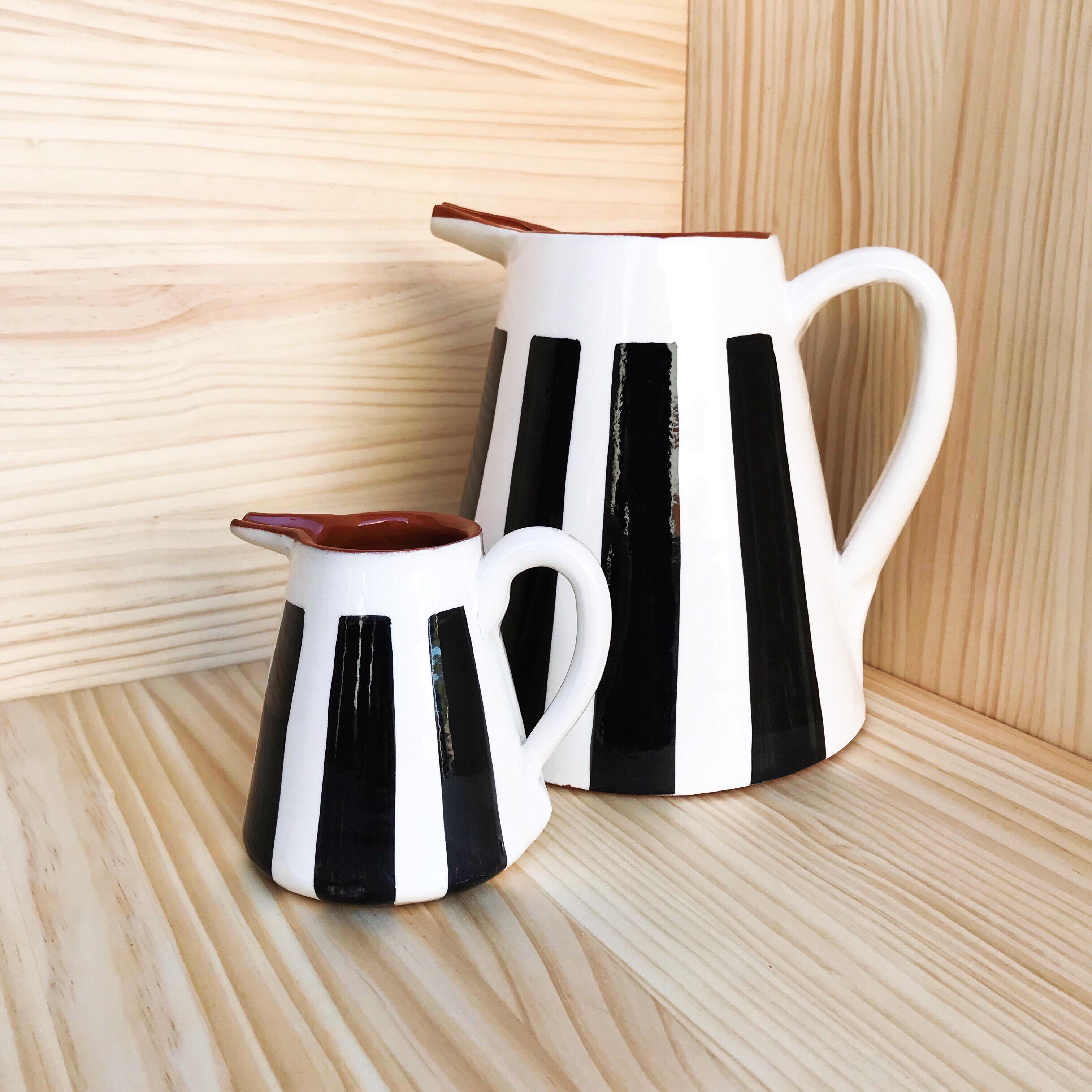 Hand-Painted Handmade Ceramic Large Pitcher with Graphic Black and White Design, in Stock