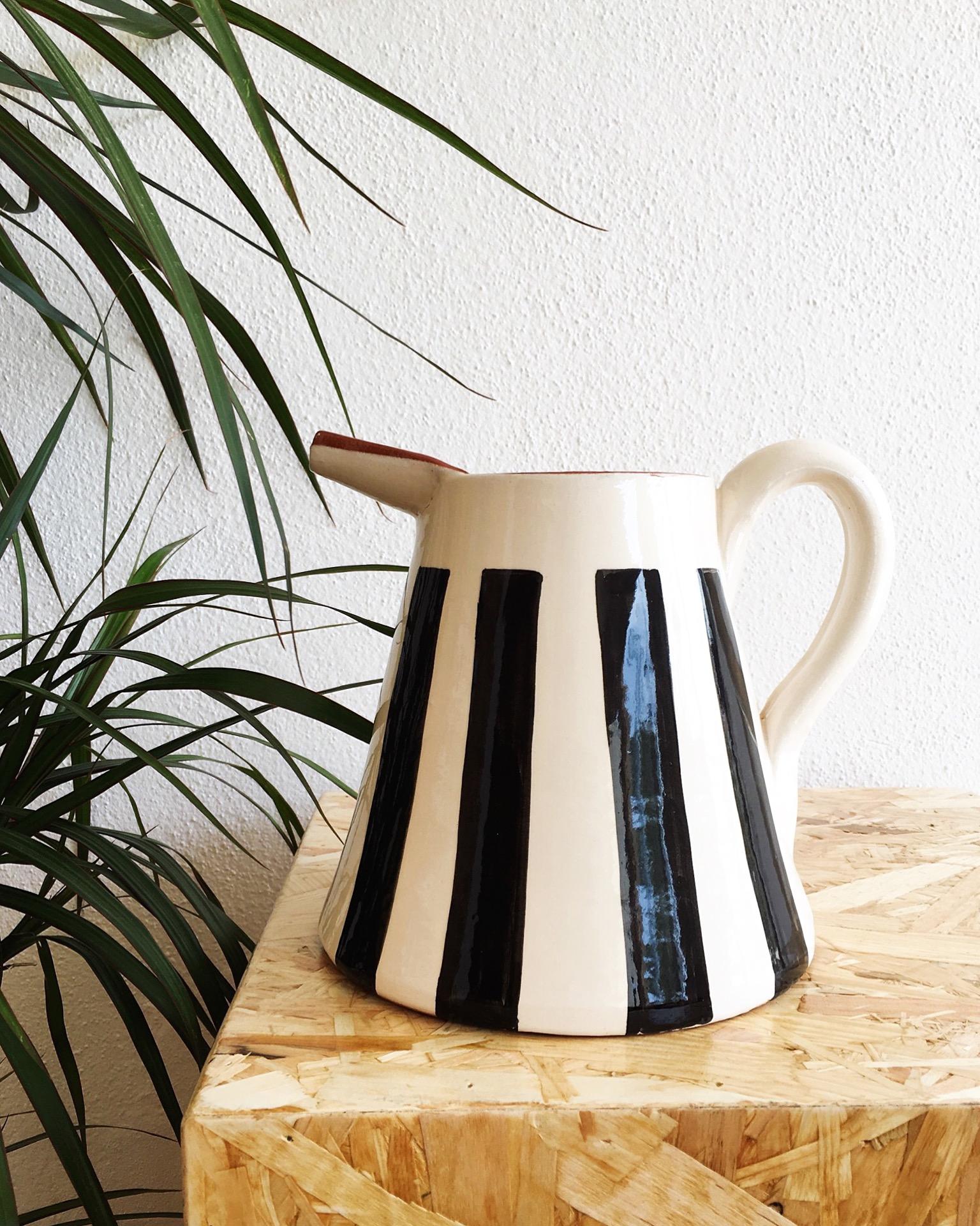 Handmade Ceramic Large Pitcher with Graphic Black and White Design, in Stock 2
