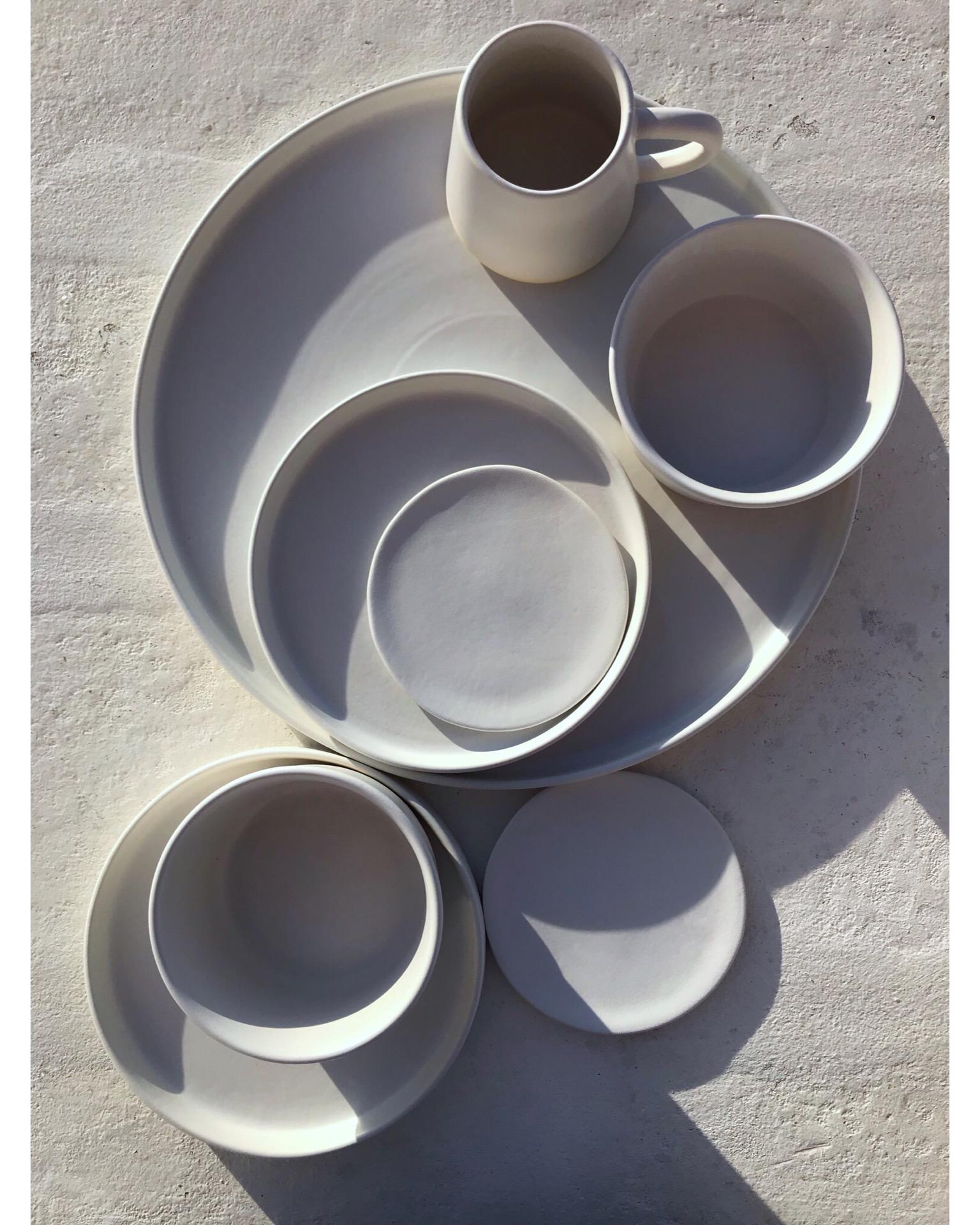 Organic Modern Handmade Ceramic Matte Dinner Plate in White, in Stock For Sale