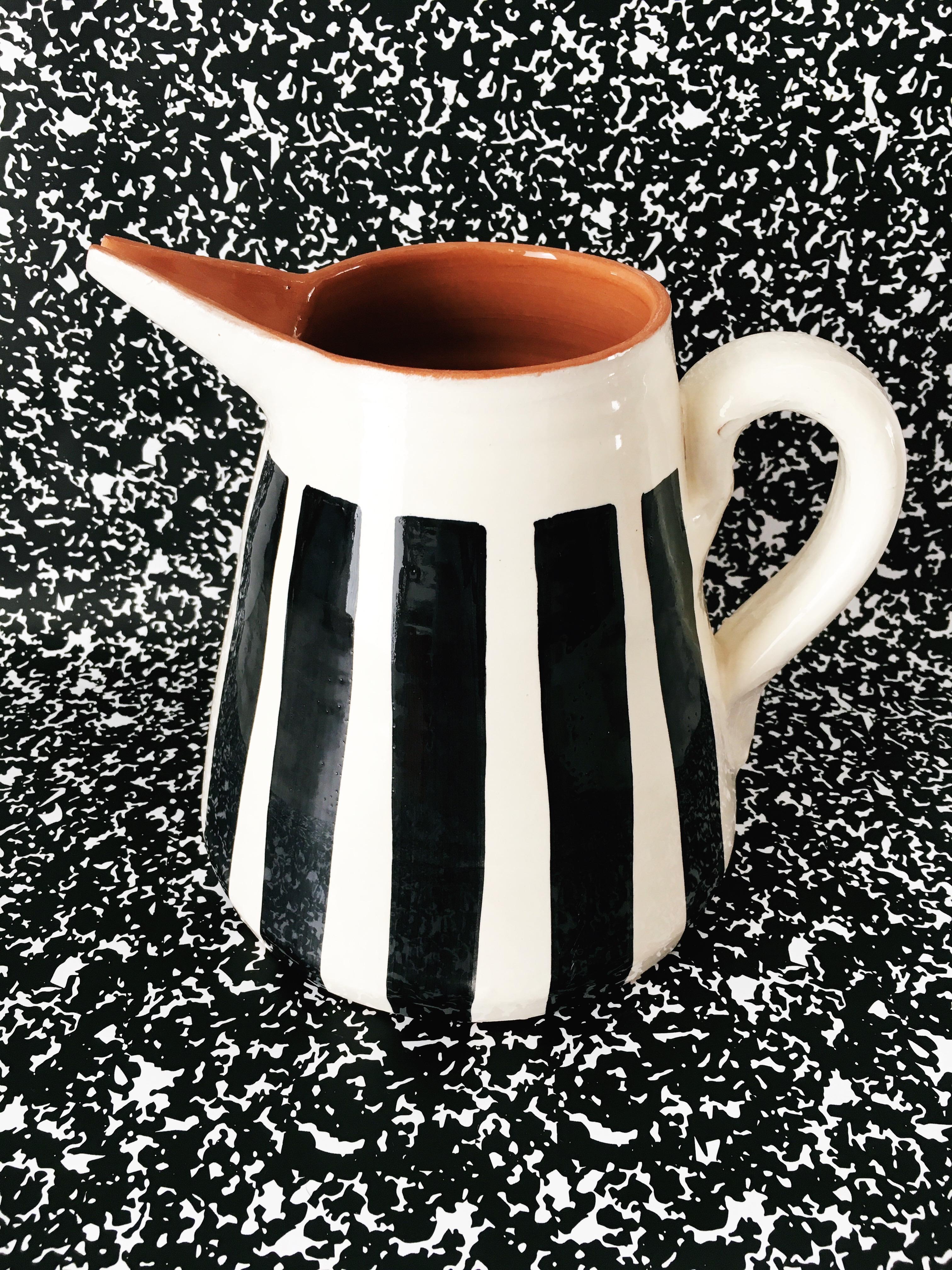 Portuguese Handmade Ceramic Medium Pitcher with Graphic Black and White Design, in Stock