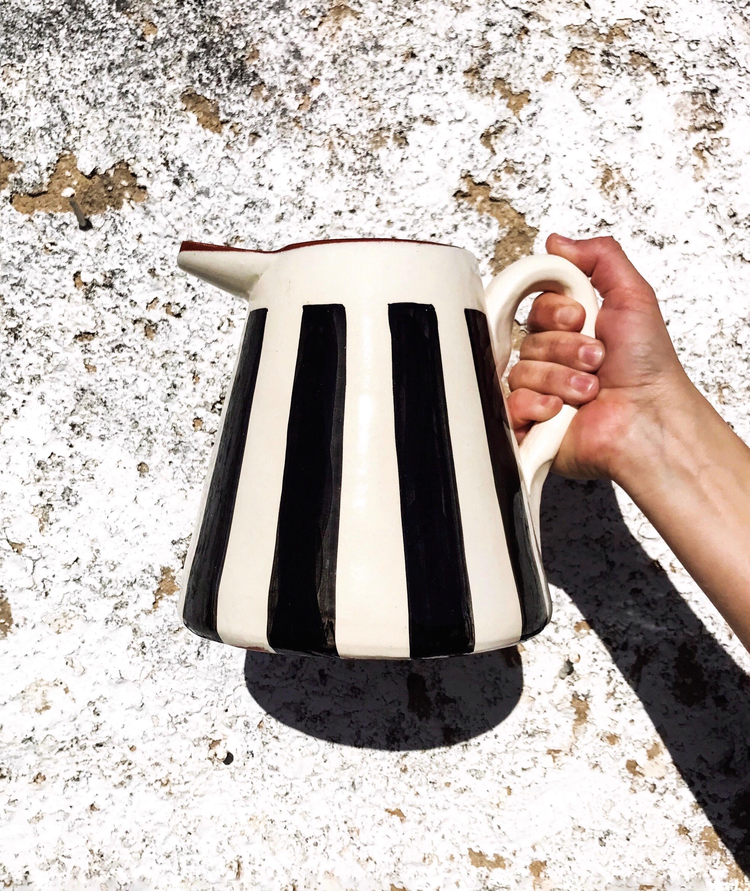 Handmade Ceramic Medium Pitcher with Graphic Black and White Design, in Stock In New Condition In West Hollywood, CA