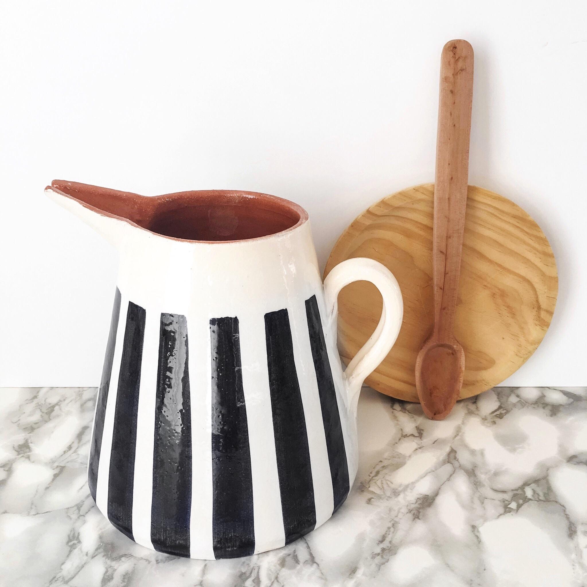 Contemporary Handmade Ceramic Medium Pitcher with Graphic Black and White Design, in Stock