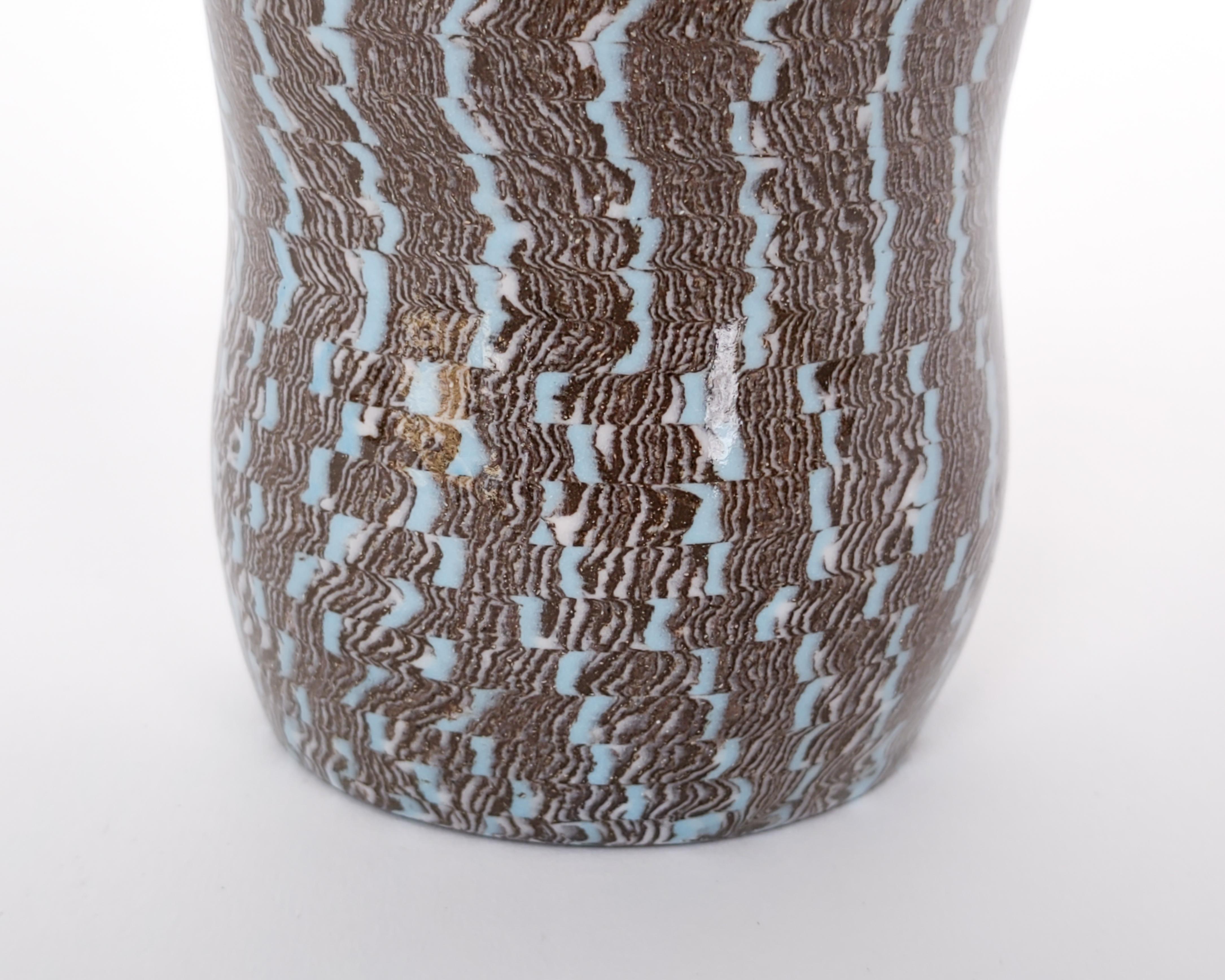 Hand-Crafted Handmade Ceramic Nerikomi Tri-Color Peanut Vase with Sky Blue Accent For Sale