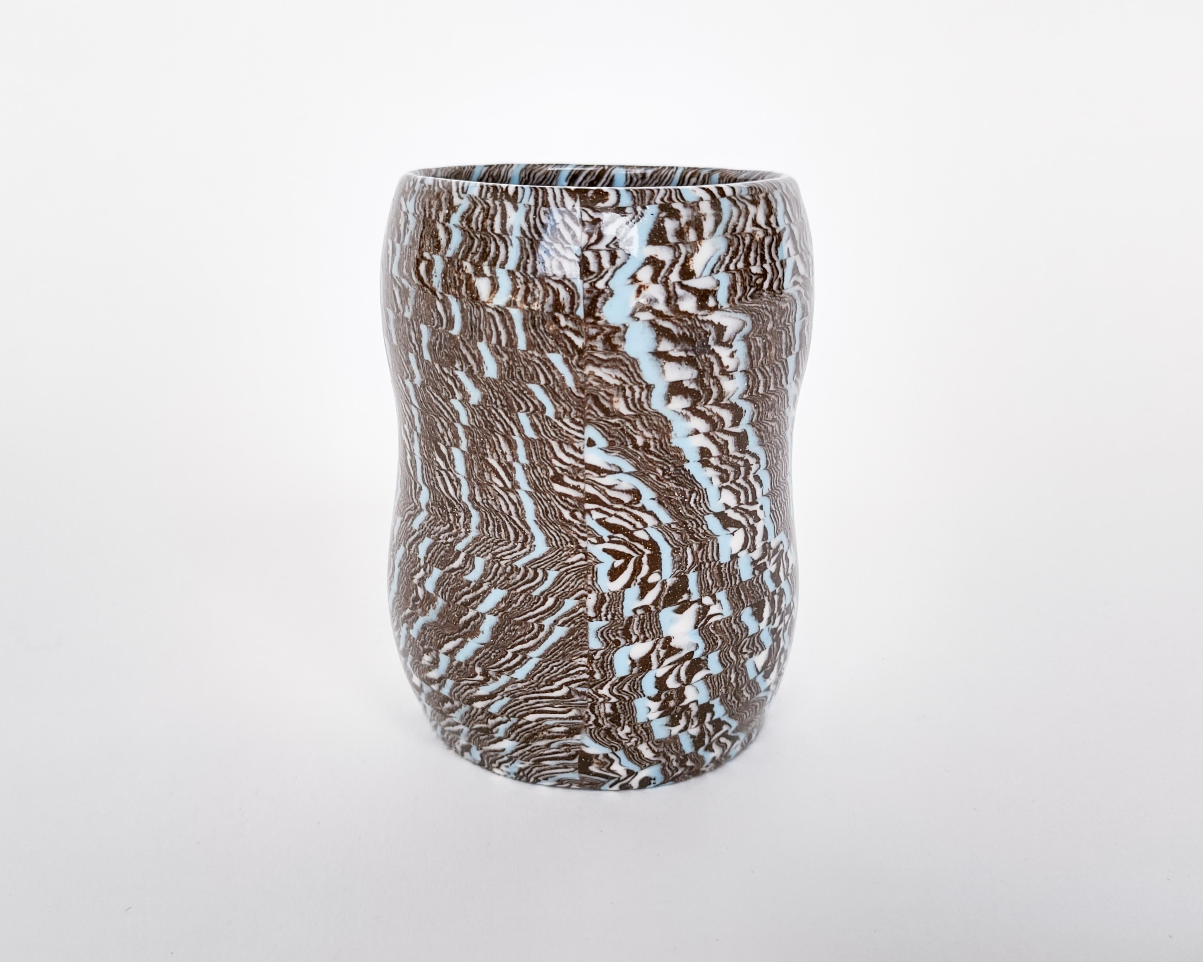 Contemporary Handmade Ceramic Nerikomi Tri-Color Peanut Vase with Sky Blue Accent For Sale
