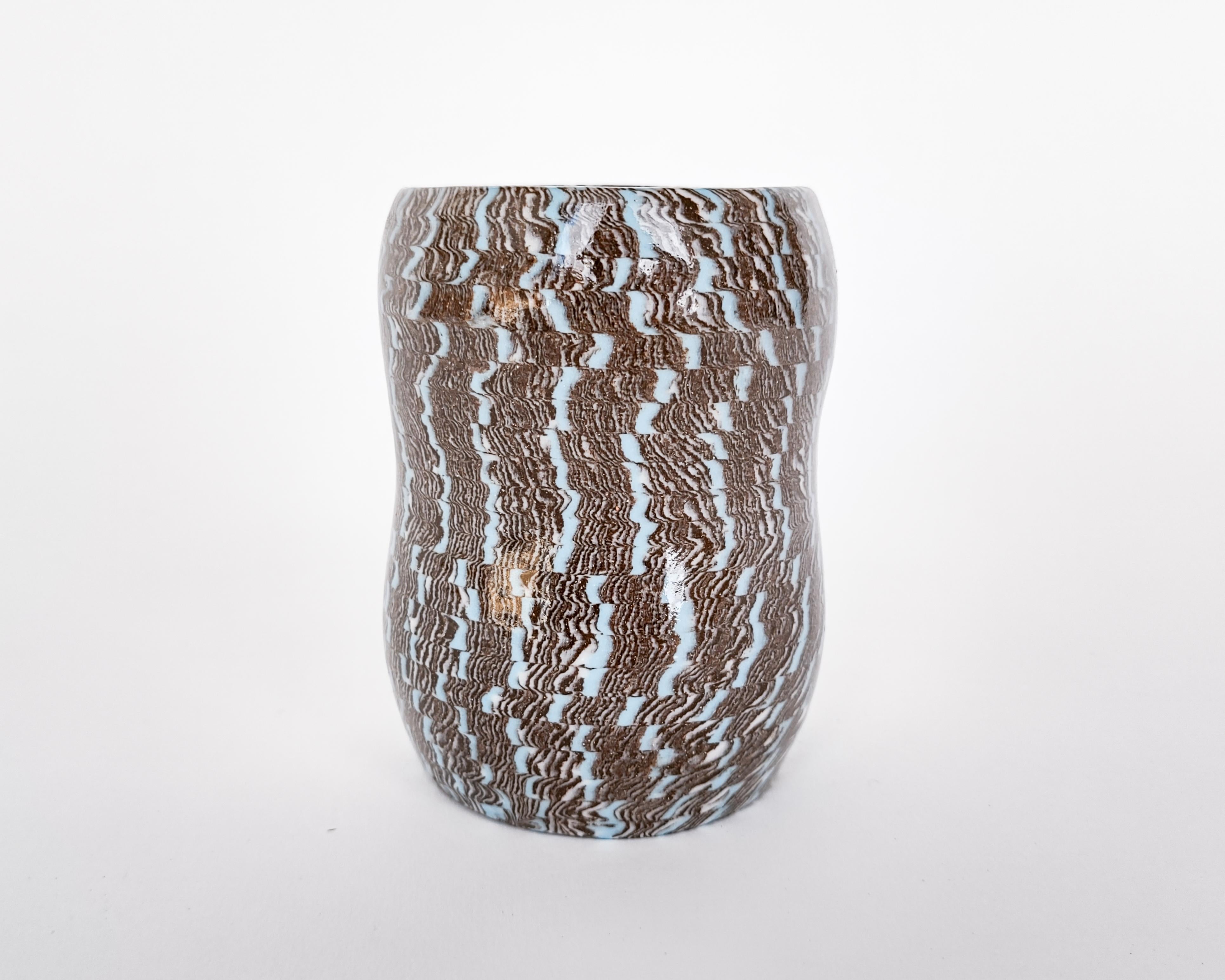 Stoneware Handmade Ceramic Nerikomi Tri-Color Peanut Vase with Sky Blue Accent For Sale