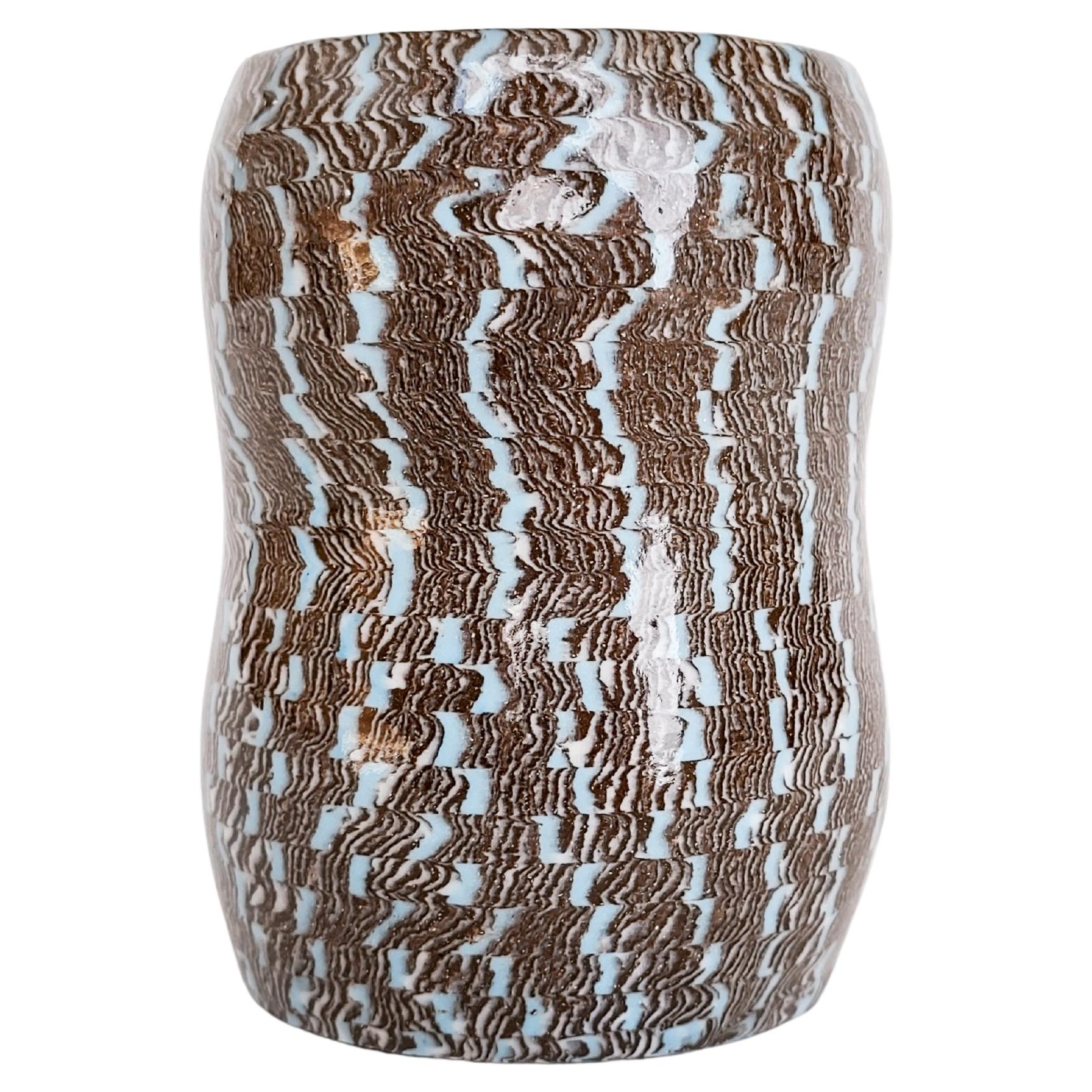 Handmade Ceramic Nerikomi Tri-Color Peanut Vase with Sky Blue Accent