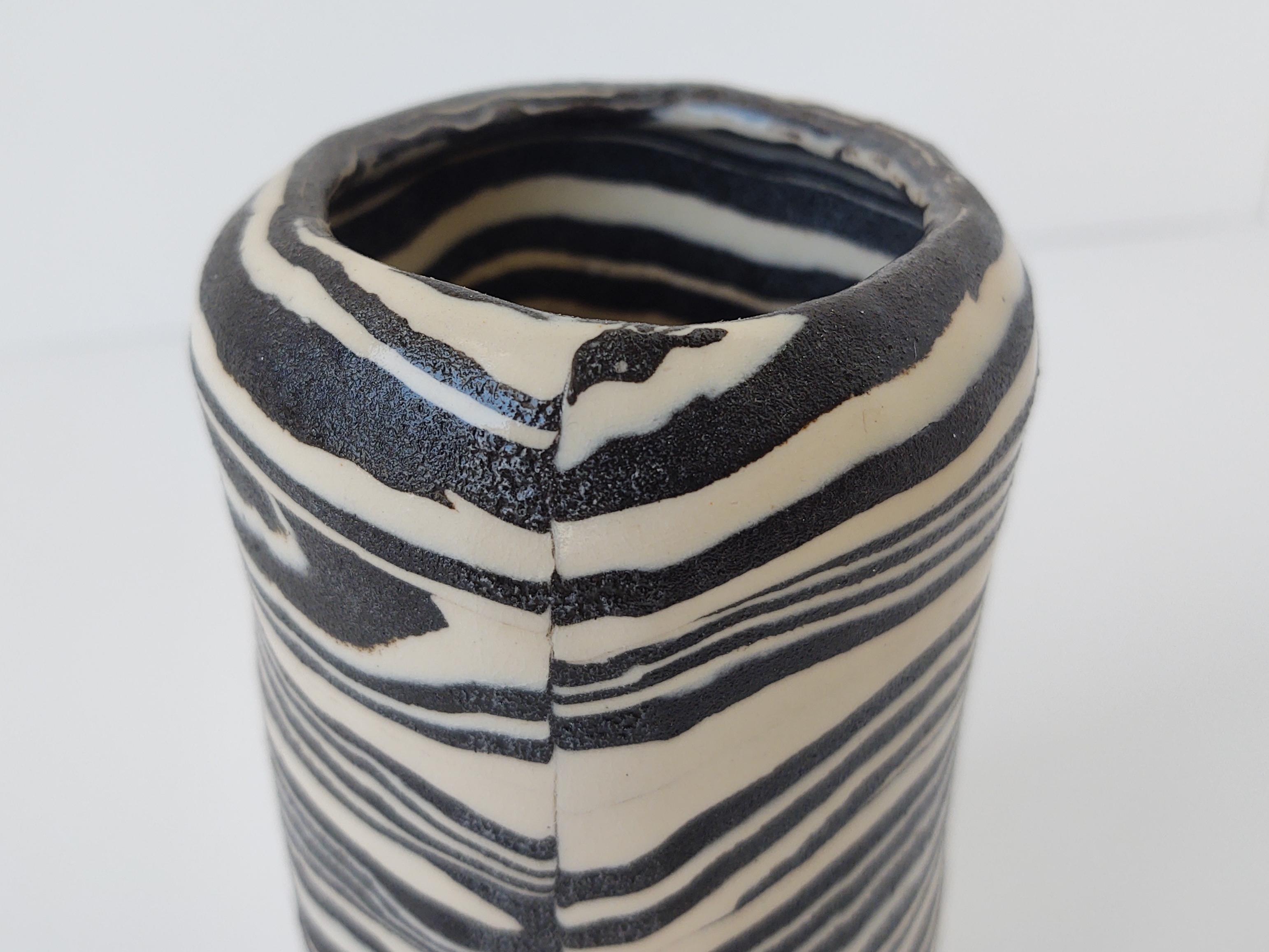 Handmade Ceramic Nerikomi 'Zebra' Striped Black and White Vase by Fizzy Ceramics In New Condition For Sale In Hawthorne, CA