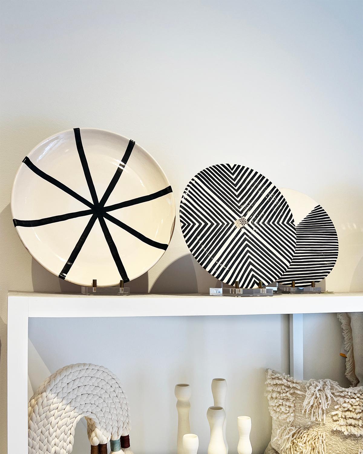 Portuguese Handmade Ceramic Segment Platter with Graphic Black and White Design, in Stock For Sale