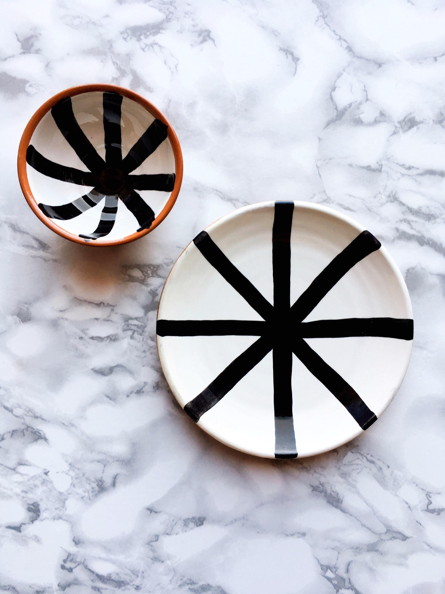 Portuguese Handmade Ceramic Segment Salad Plate with Graphic Black & White Design, in Stock