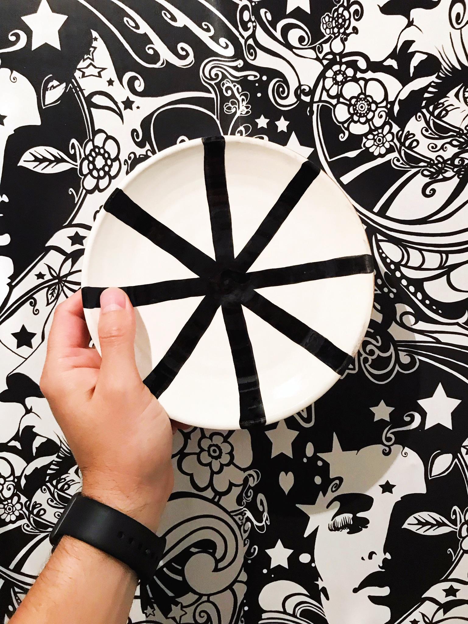 Contemporary Handmade Ceramic Segment Salad Plate with Graphic Black & White Design, in Stock For Sale