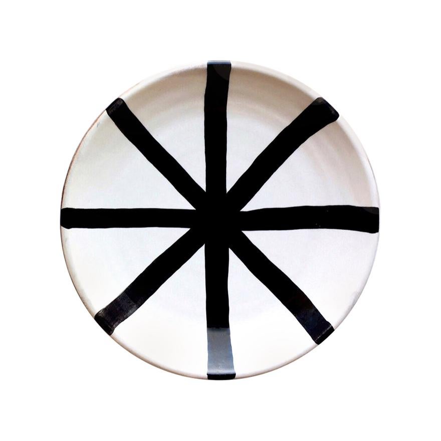 Handmade Ceramic Black and White Ray Pattern Saucer, in Stock For Sale