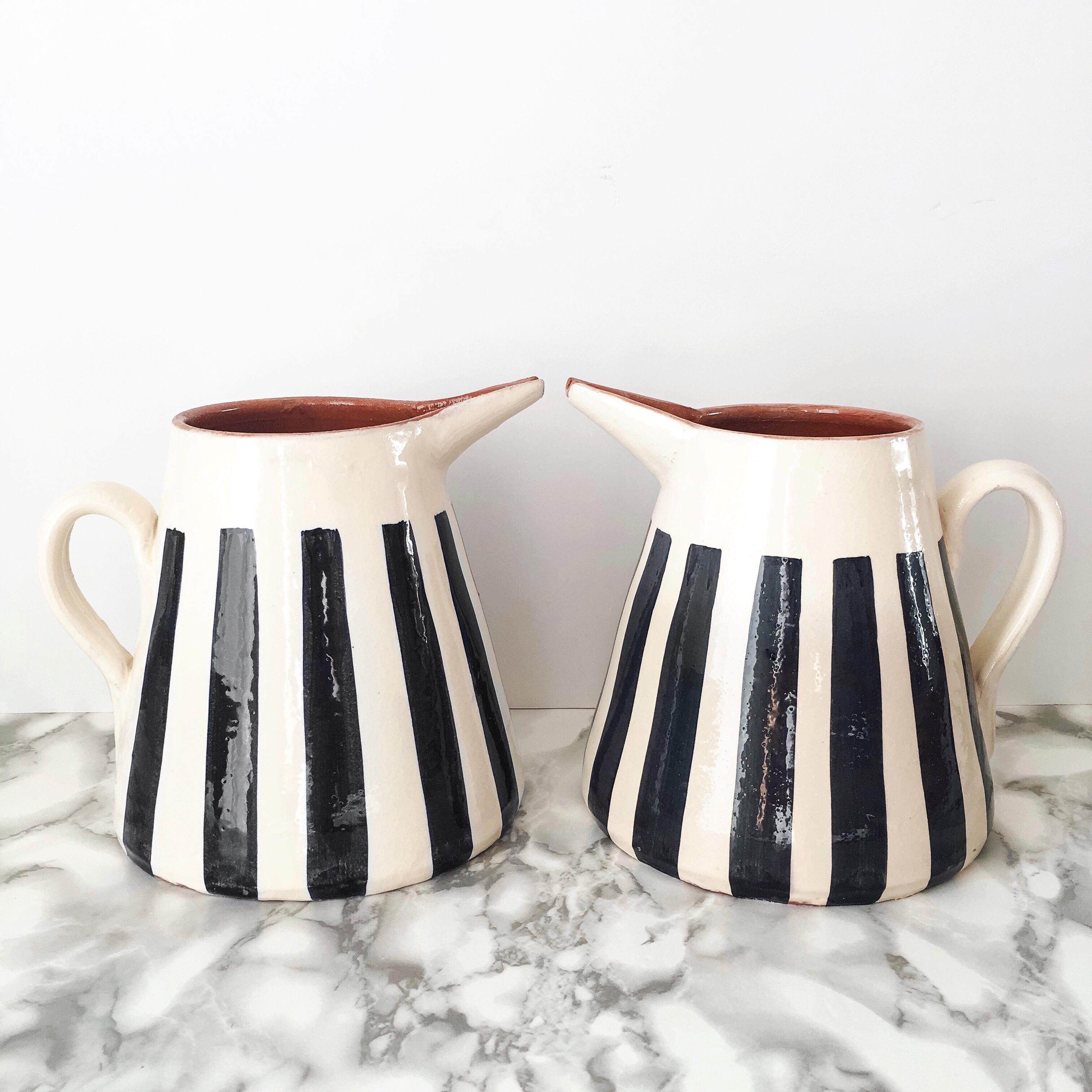 Contemporary Handmade Ceramic Small Pitcher with Graphic Black and White Design, in Stock