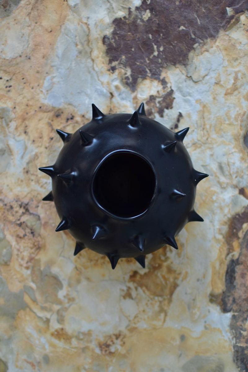 Hand-Crafted Handmade Ceramic Spikes Black Round Vase For Sale