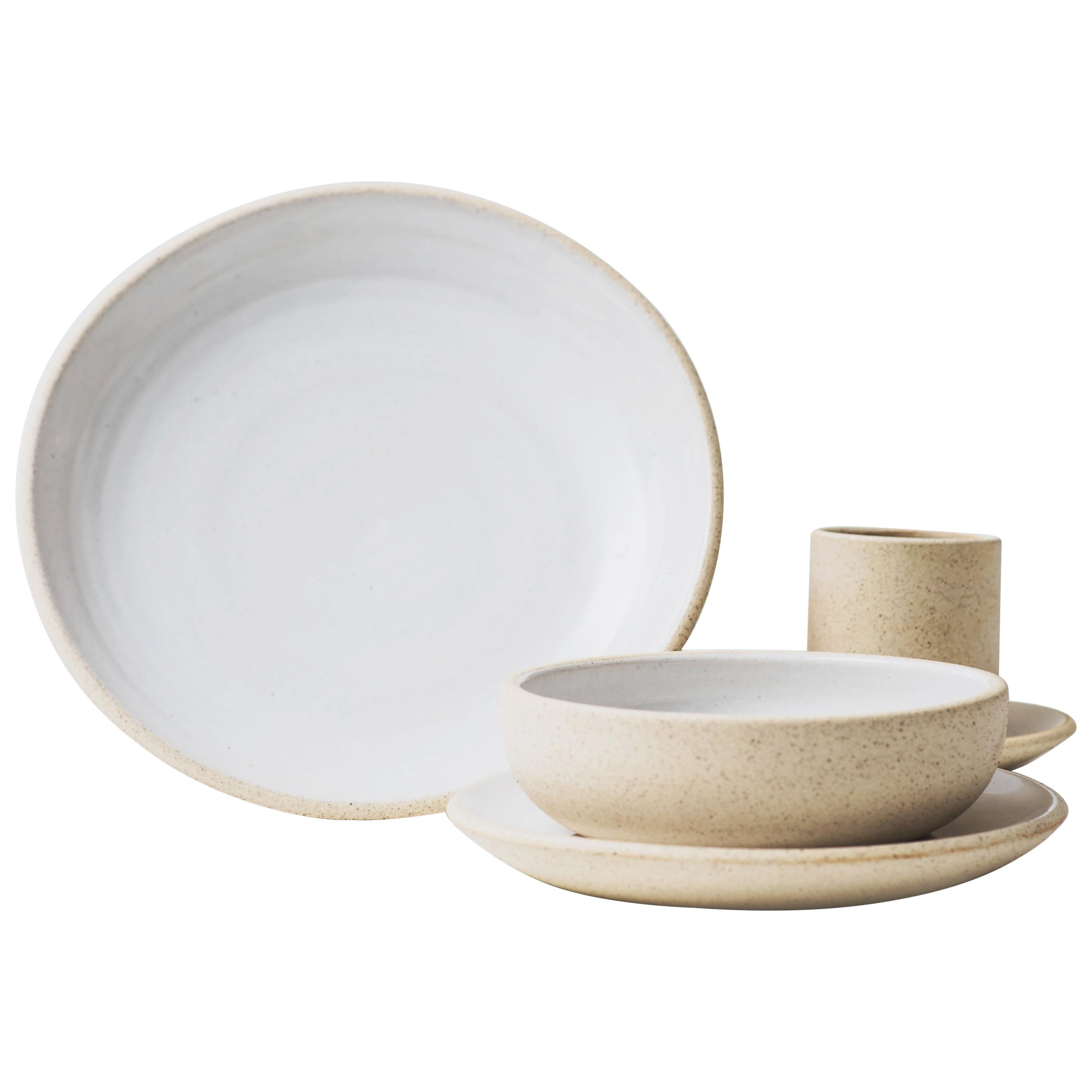 Handmade Ceramic Stoneware Five Piece Place Setting in Ivory and Natural