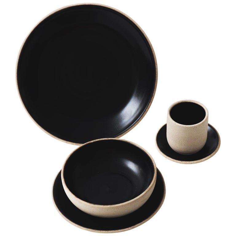 Handmade Ceramic Stoneware Dinner Plate in Black Obsidian and Natural, in Stock For Sale at 1stDibs