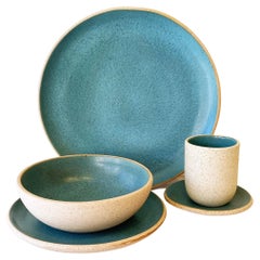 Handmade Ceramic Stoneware Five Piece Place Setting in Turquoise, in Stock