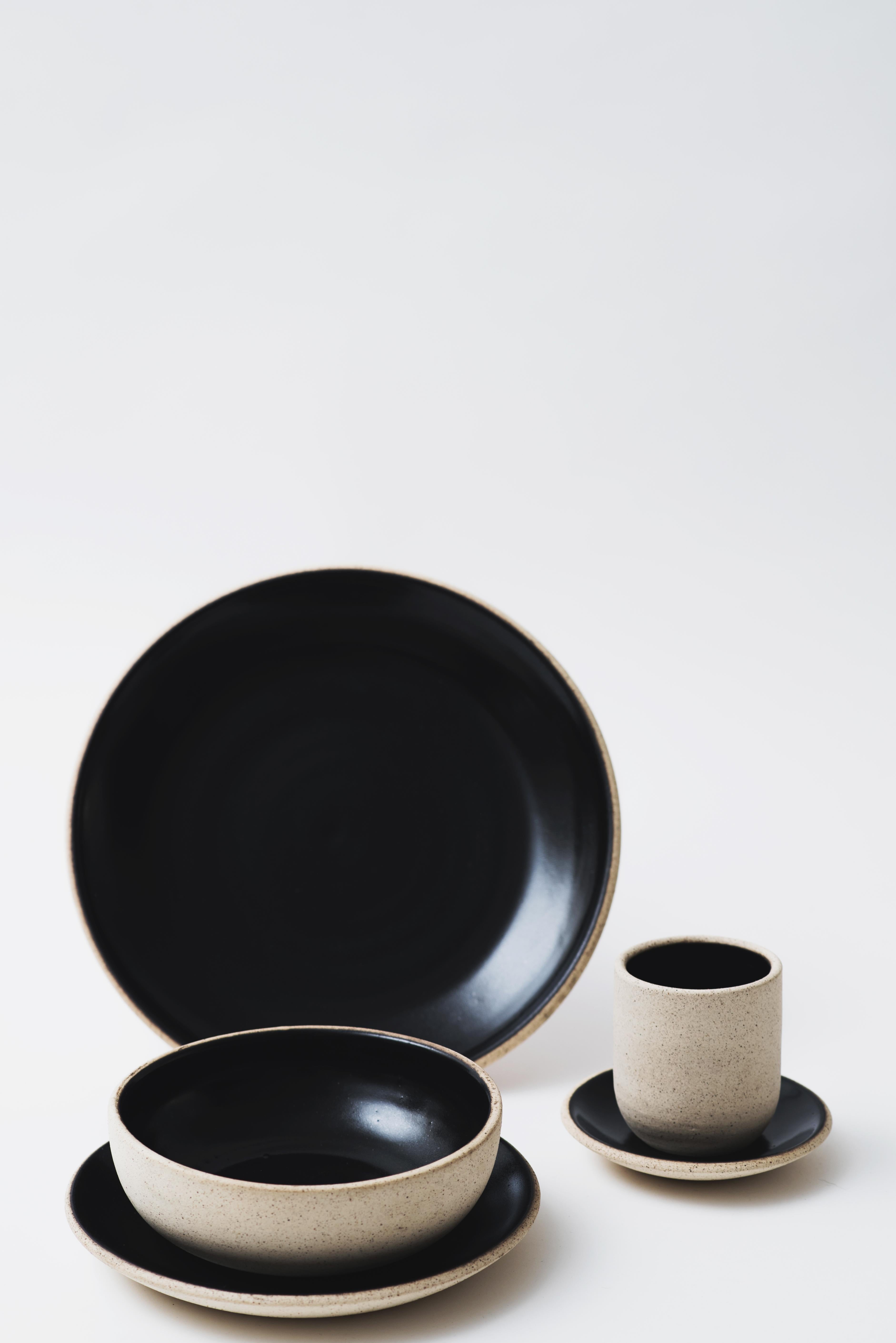 Organic Modern Handmade Ceramic Stoneware Saucer in Black Obsidian and Natural, in Stock