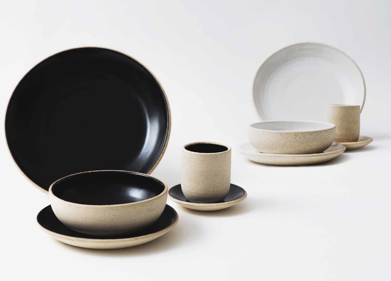 Mexican Handmade Ceramic Stoneware Saucer in Black Obsidian and Natural, in Stock