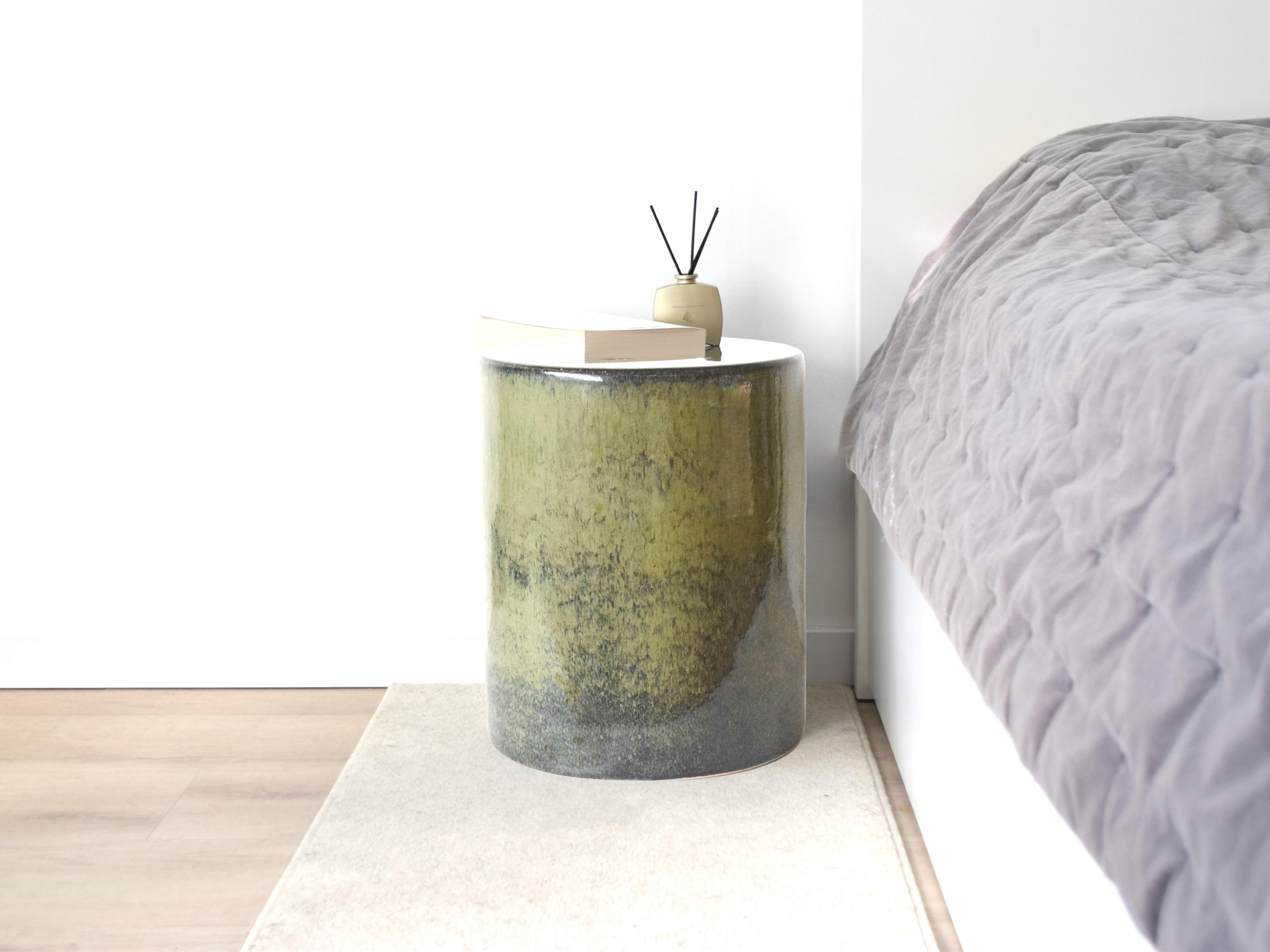 Contemporary Handmade Green Ceramic Stoneware Side Table For Sale
