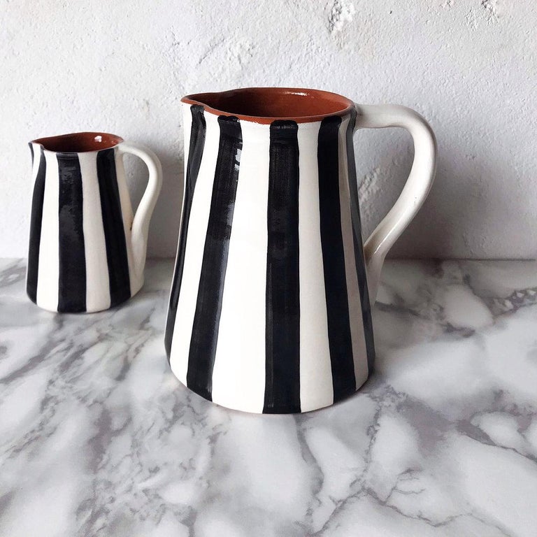 Portuguese Handmade Ceramic Striped Jug with Graphic Black and White Design, in Stock For Sale