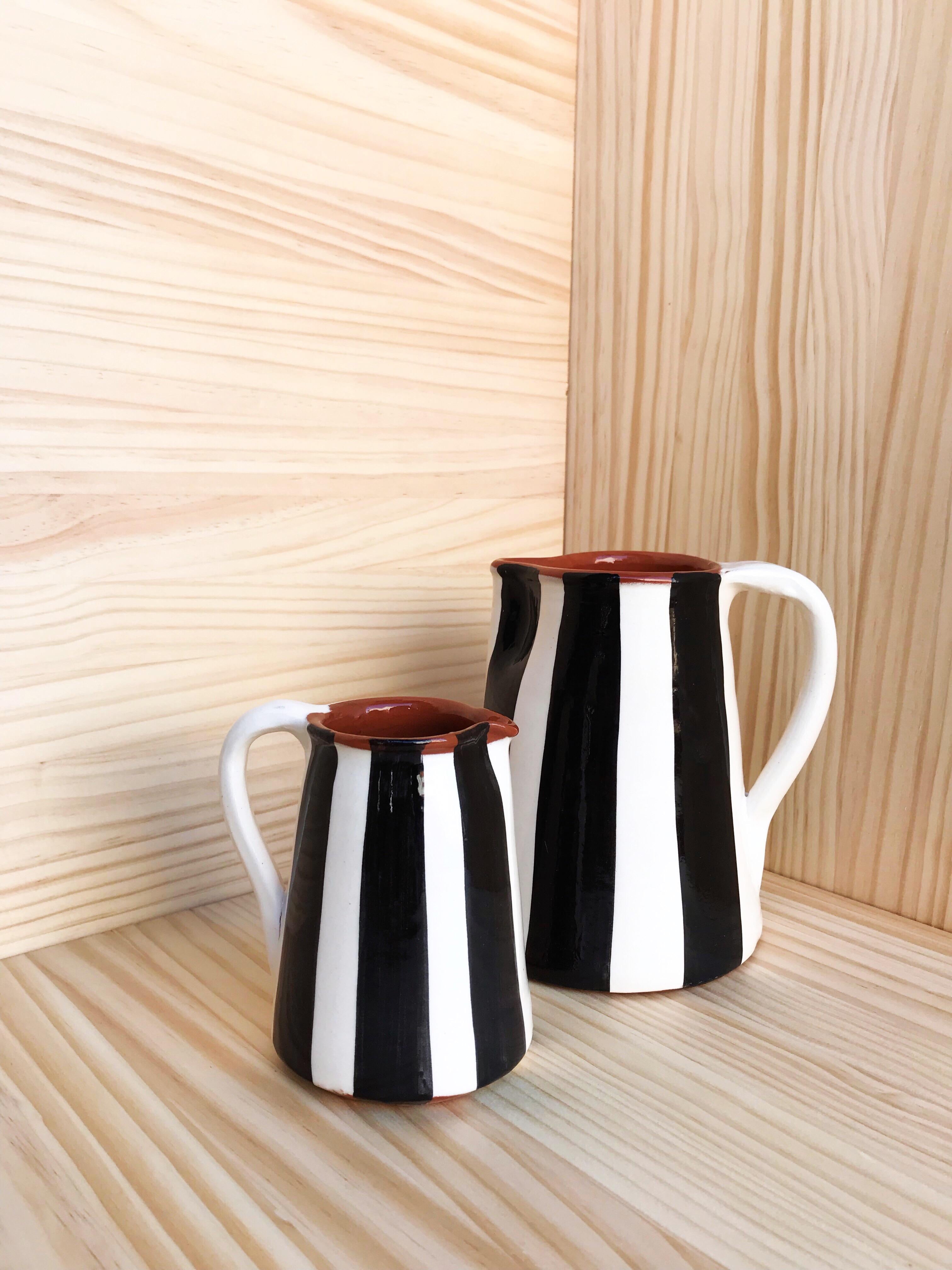 Hand-Crafted Handmade Ceramic Striped Jug with Graphic Black and White Design, in Stock For Sale