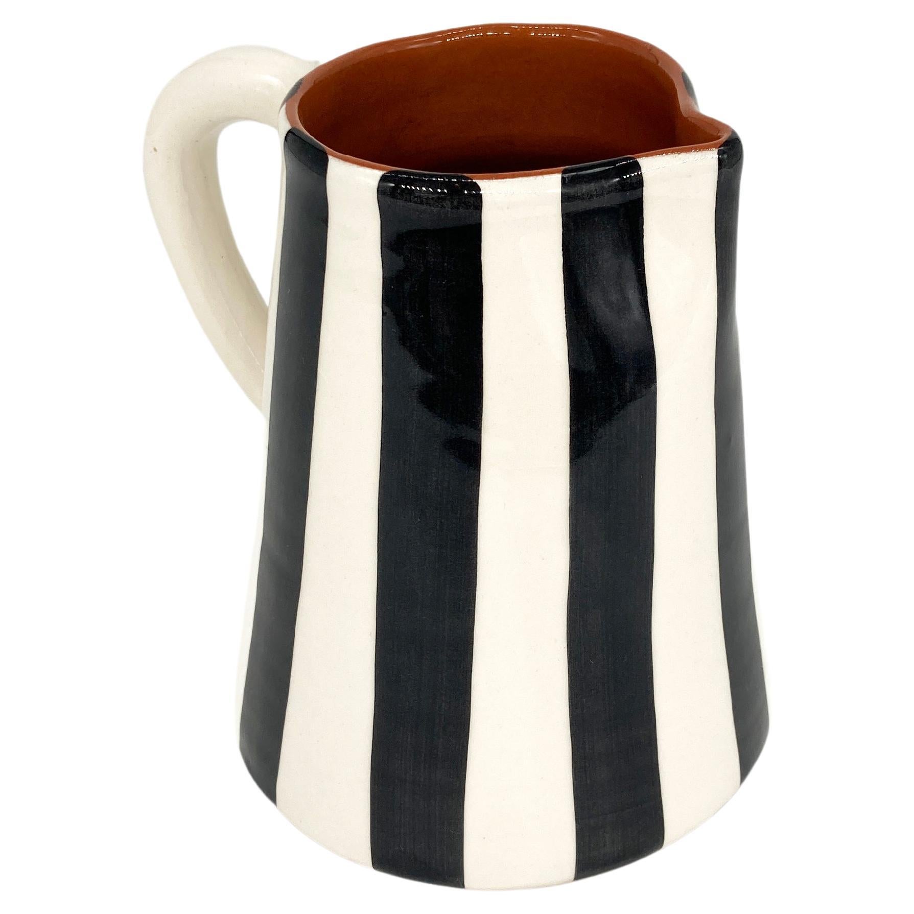 Handmade Ceramic Striped Jug with Graphic Black and White Design, in Stock For Sale