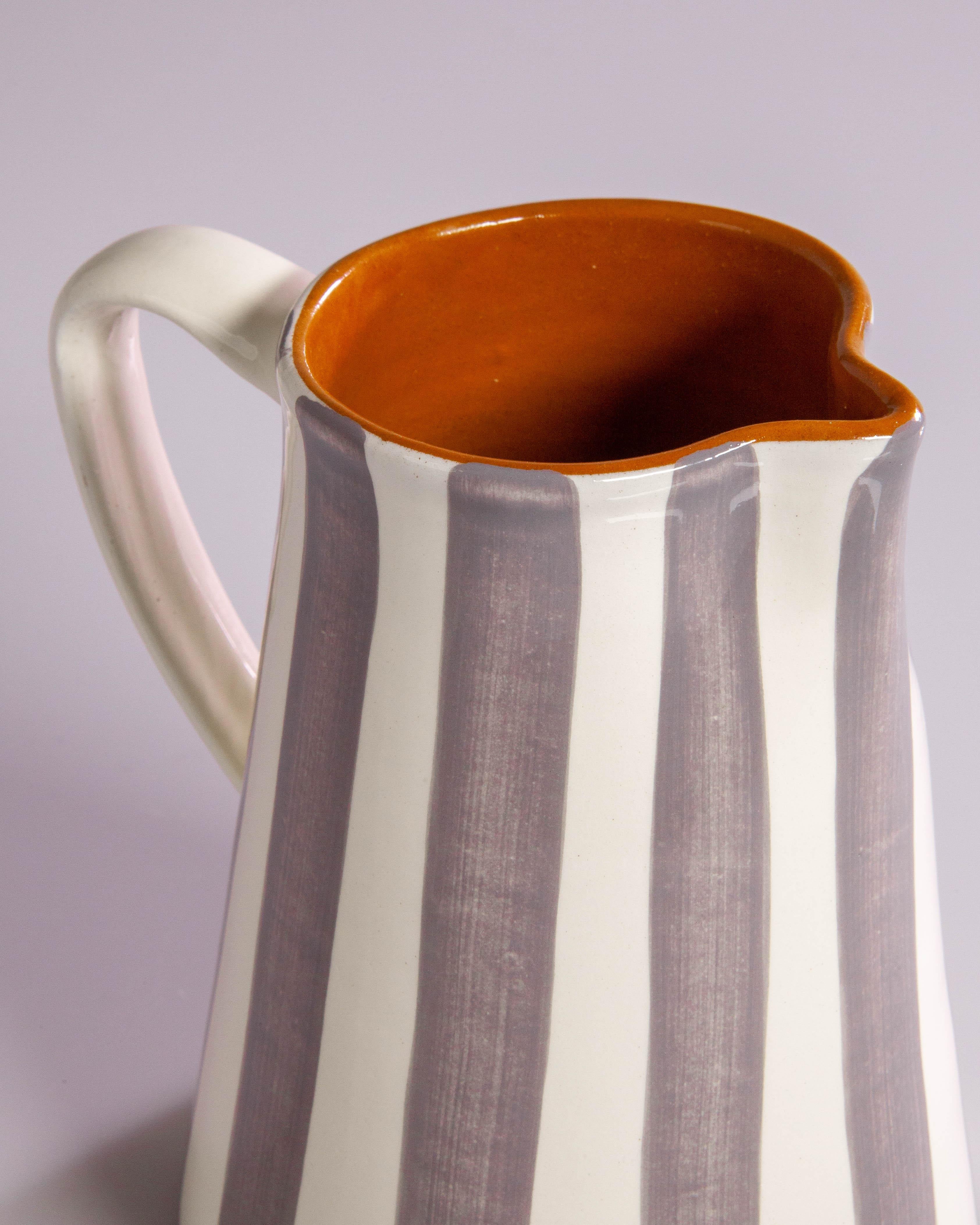Rustic Handmade Ceramic Striped Jug with Graphic Gray and White Design, in Stock