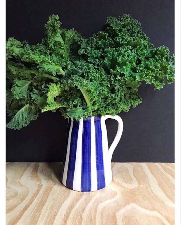 Portuguese Handmade Ceramic Striped Jug with Graphic Grey and White Design, in Stock
