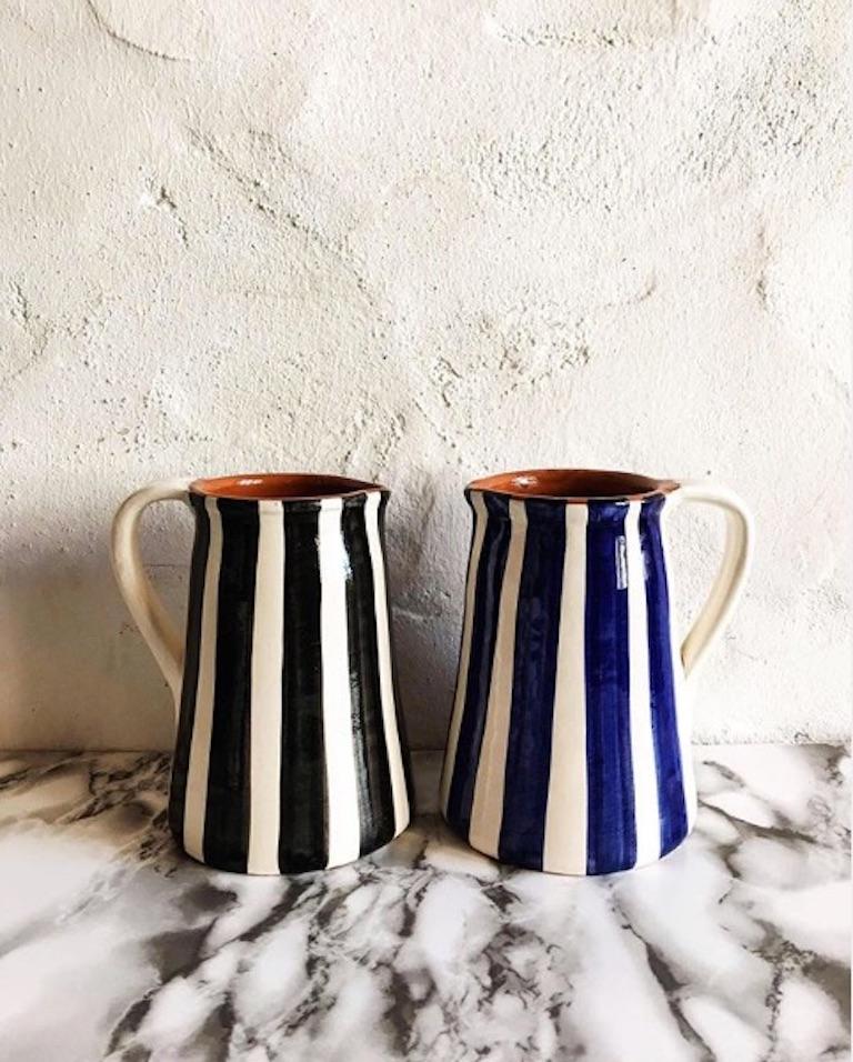 Portuguese Handmade Ceramic Striped Jug with Graphic Gray and White Design, in Stock