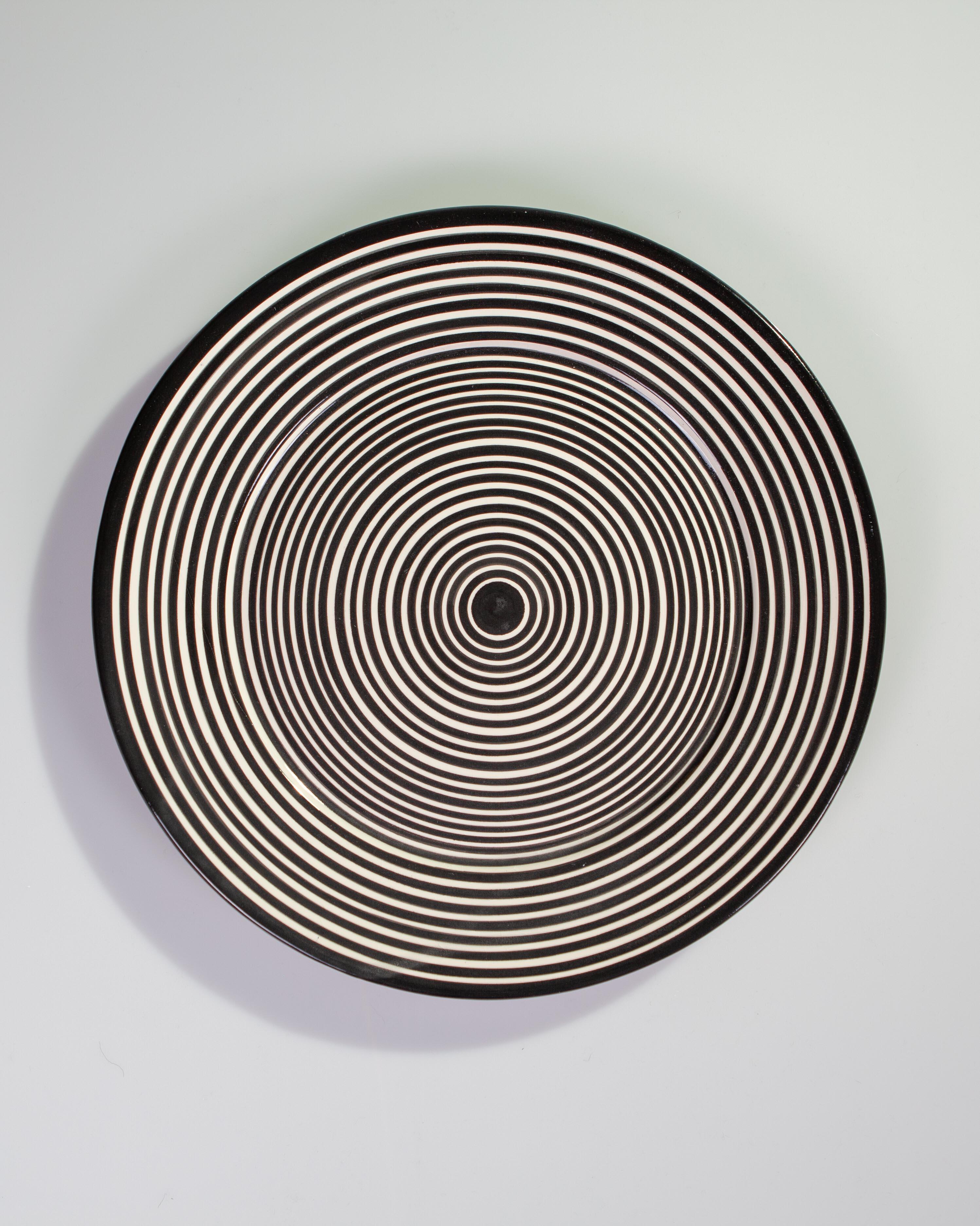 Portuguese Handmade Ceramic Stripped Platter with Graphic Black and White Design, in Stock For Sale