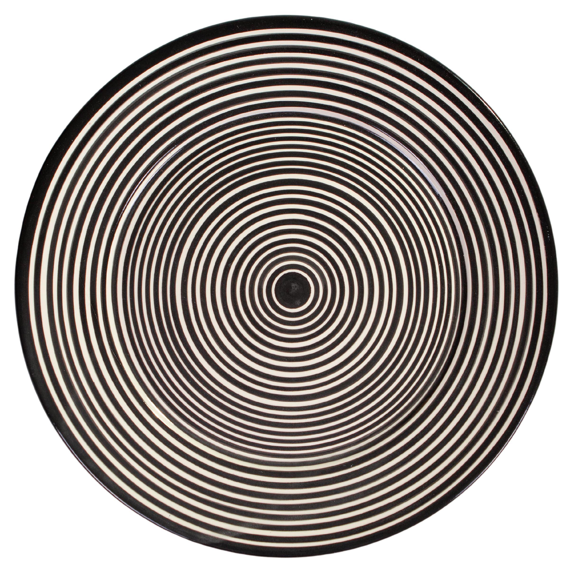 Handmade Ceramic Stripped Platter with Graphic Black and White Design, in Stock For Sale