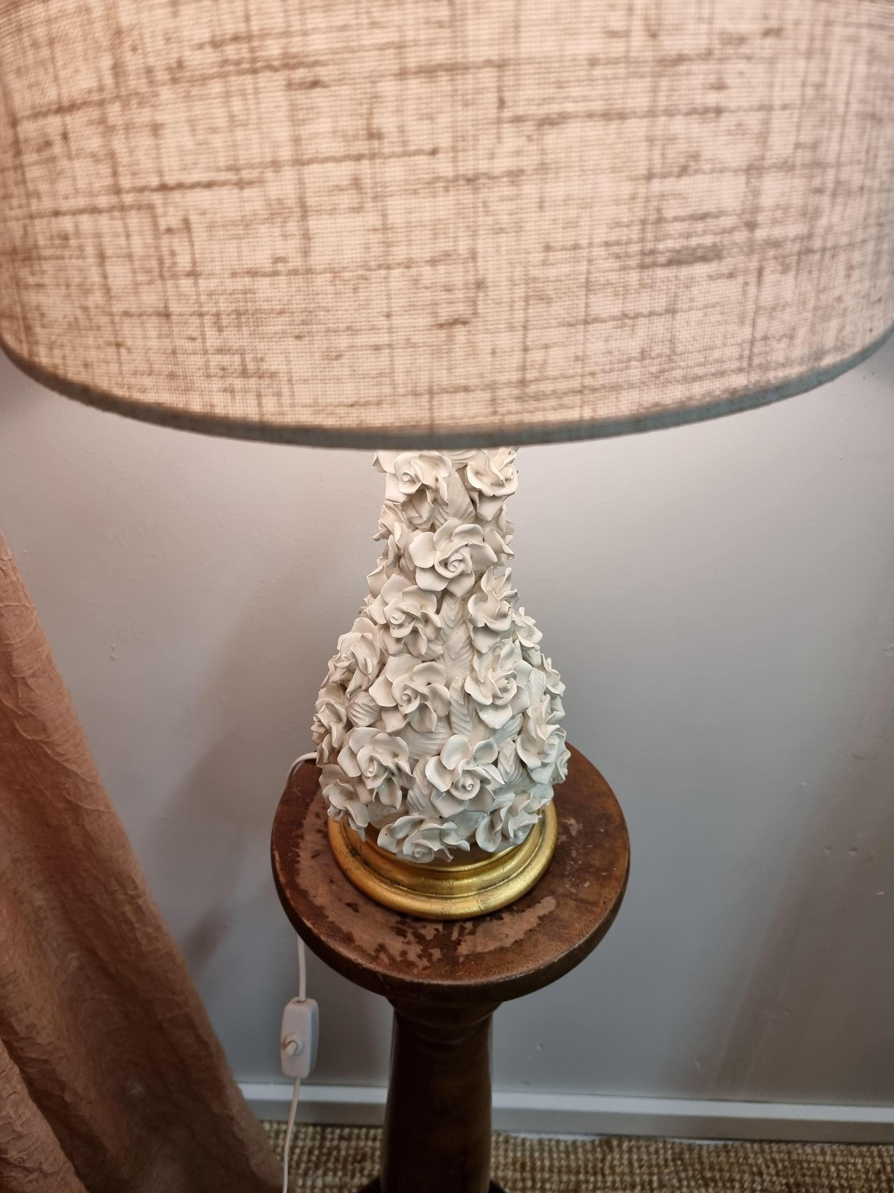 Handmade Ceramic Table Lamp with Flower Decor, Midcentury / Hollywood Regency In Fair Condition For Sale In Stockholm, SE