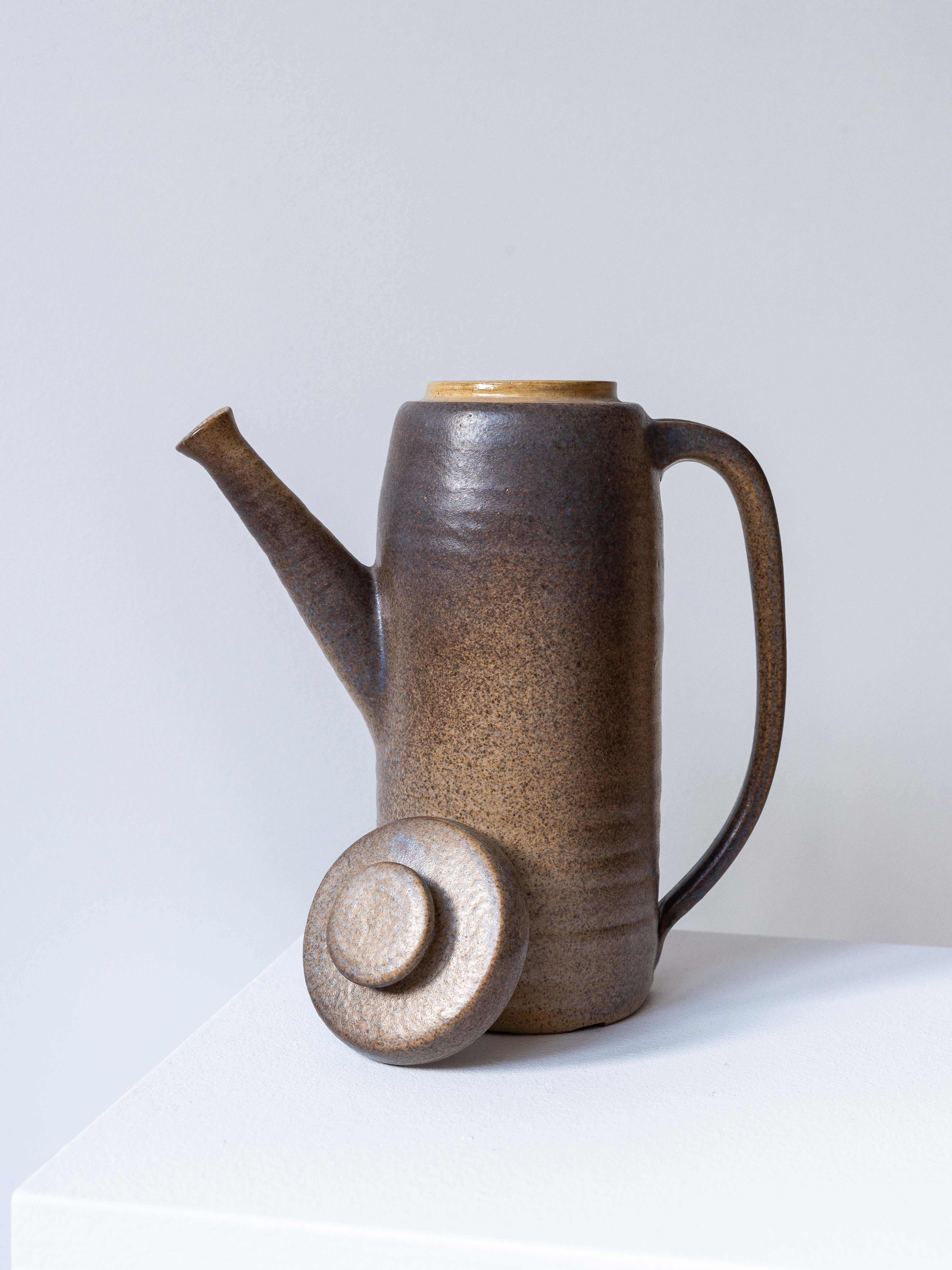 Mid-Century Modern Handmade Ceramic Teapot in Brown Enamel France 1970s For Sale